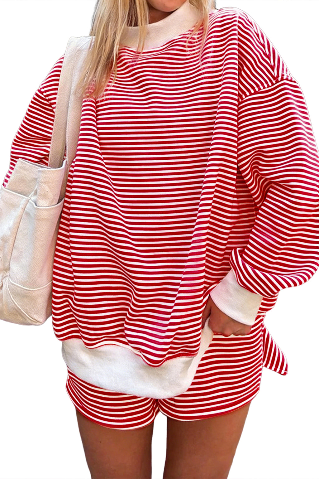 Red Stripe Oversize Mock Neck Sweatshirt & Shorts Set | UK 8–16