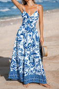 Women's Blue Floral Twisted Bust Spaghetti Strap Backless Maxi Dress S-XL at LivelyLooks