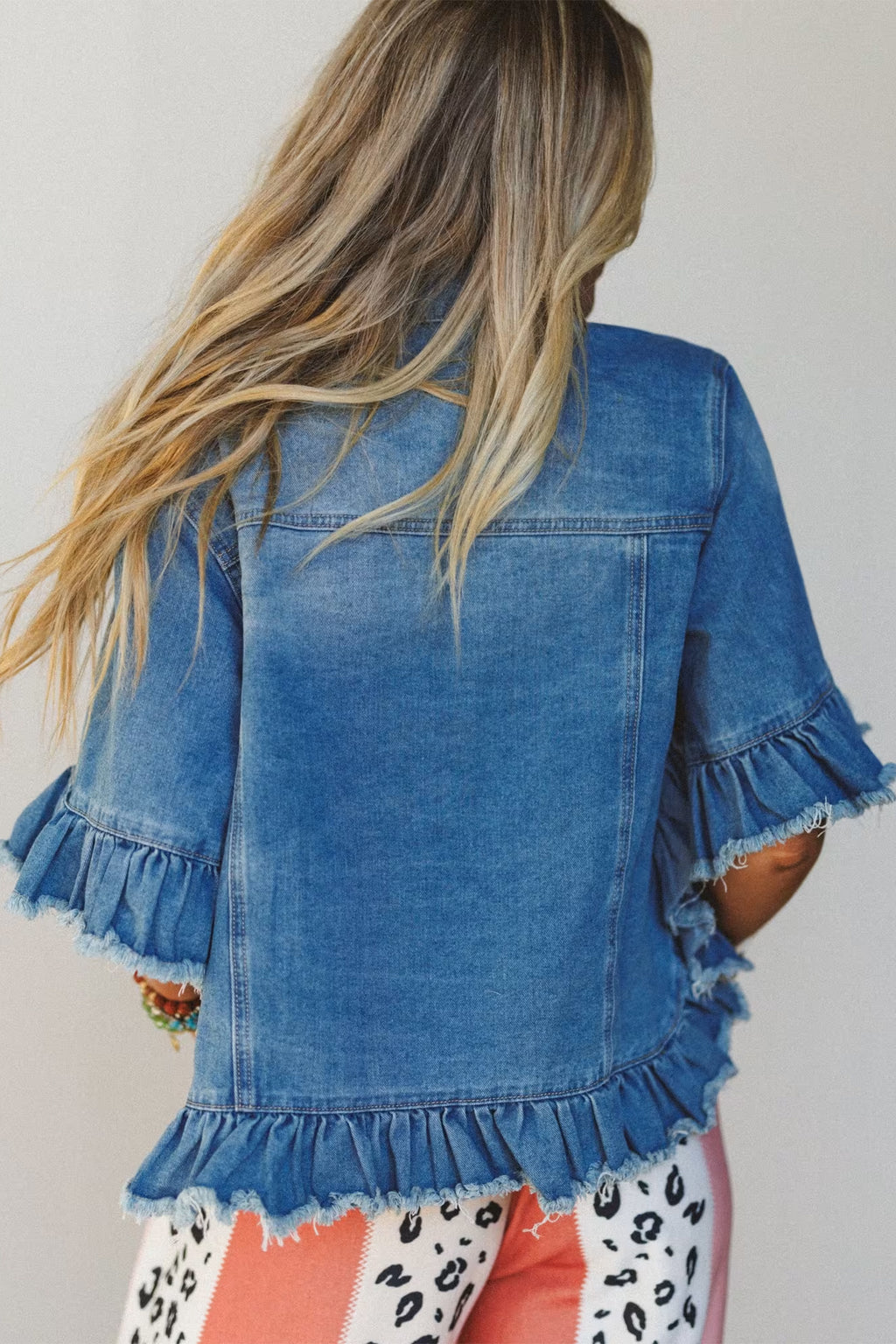 Blue Ruffle Hem Raw Edge Half Sleeve Western Denim Jacket | UK 8–22