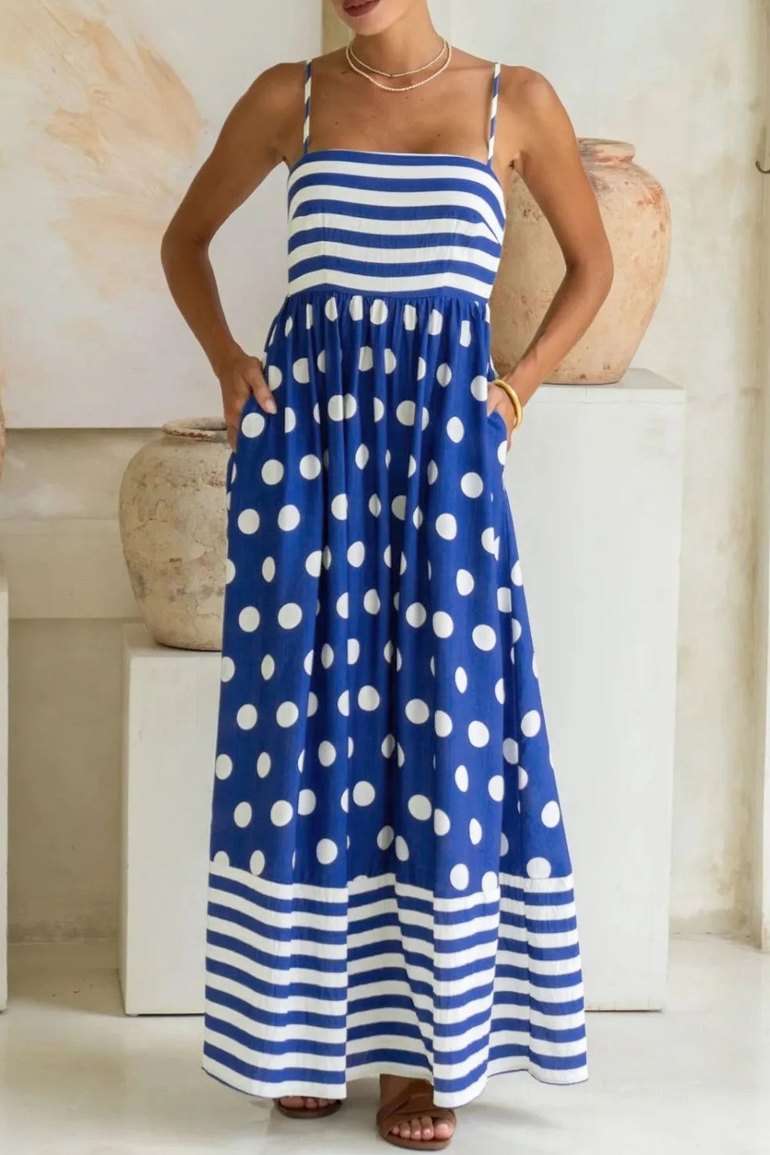 Women's Blue Striped Polka Dot Patchwork High Waist Maxi Dress at LivelyLooks