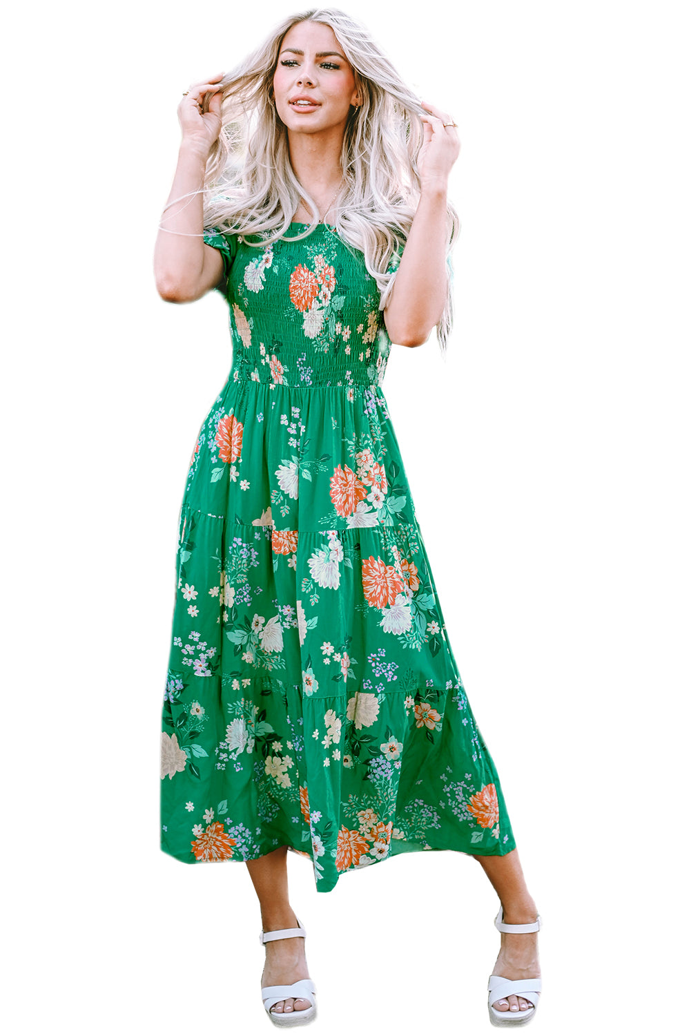 LivelyLooks Green Floral Bubble Sleeve Smocked Tiered Midi Dress women's fashion