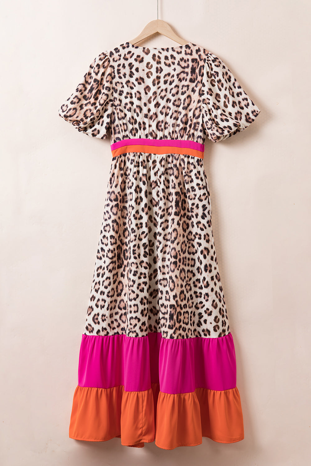 Bright Pink Leopard Colour Block Bubble Sleeve Maxi Dress S-3XL