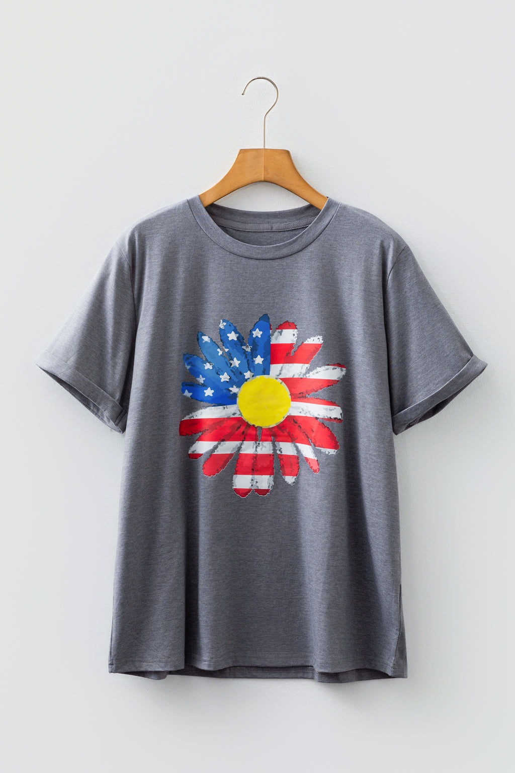 Shop Gray Flag Pattern Sunflower Graphic Crew Neck Tee S-3XL at LivelyLooks