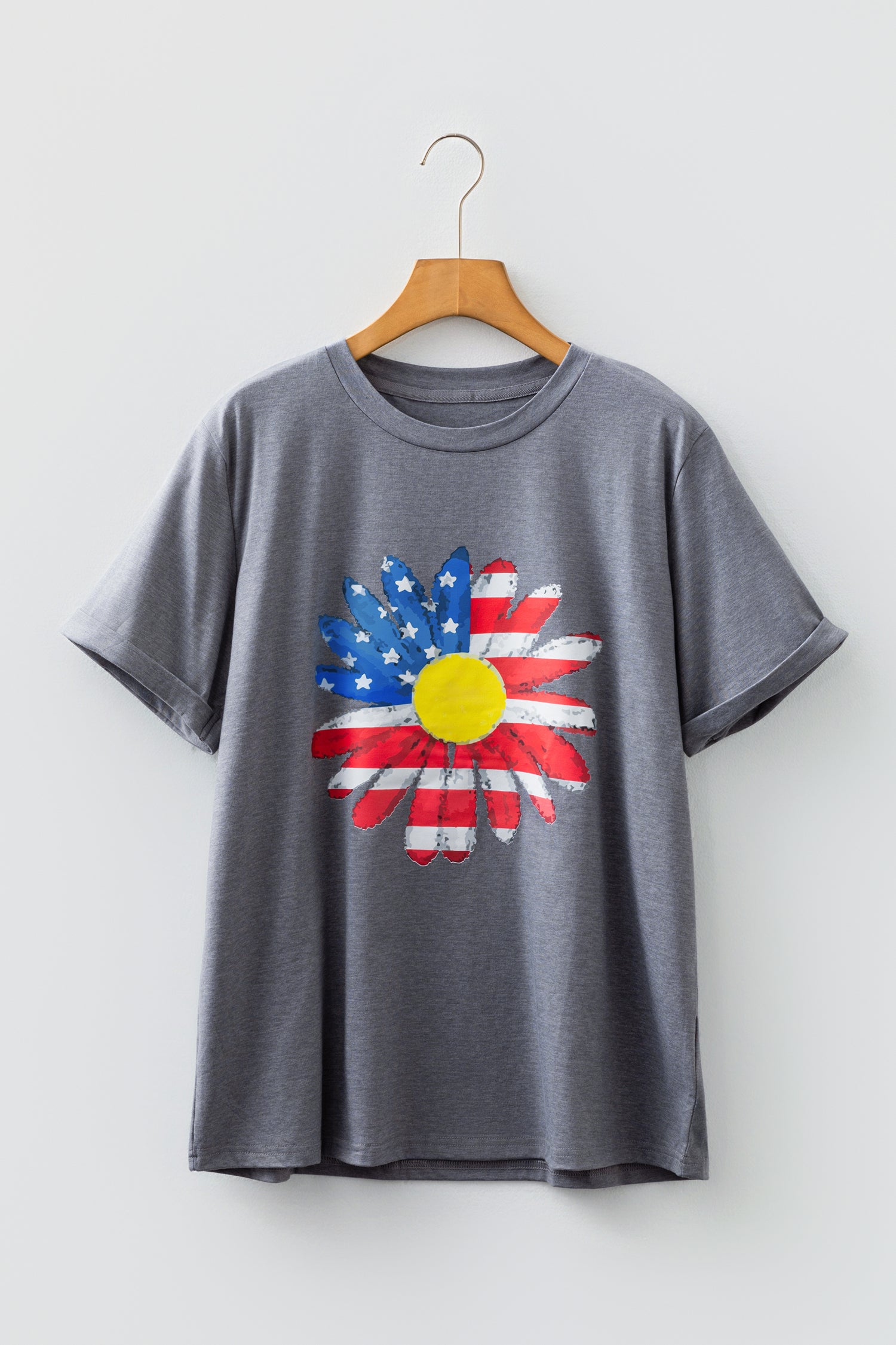 Shop Gray Flag Pattern Sunflower Graphic Crew Neck Tee S-3XL at LivelyLooks