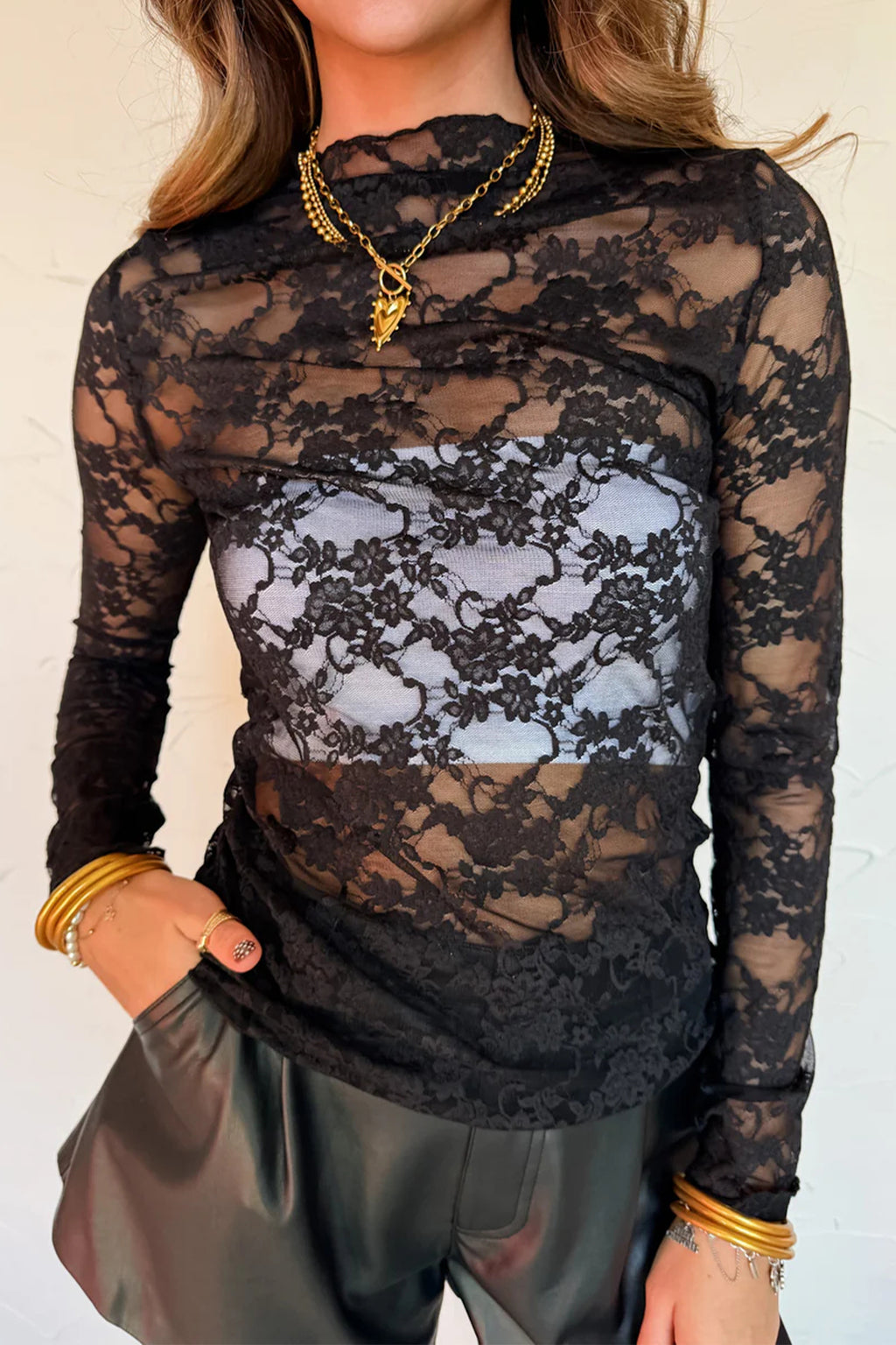 Women's Black Sheer Floral Lace Lettuce Trim Mock Neck Long Sleeve Top at LivelyLooks