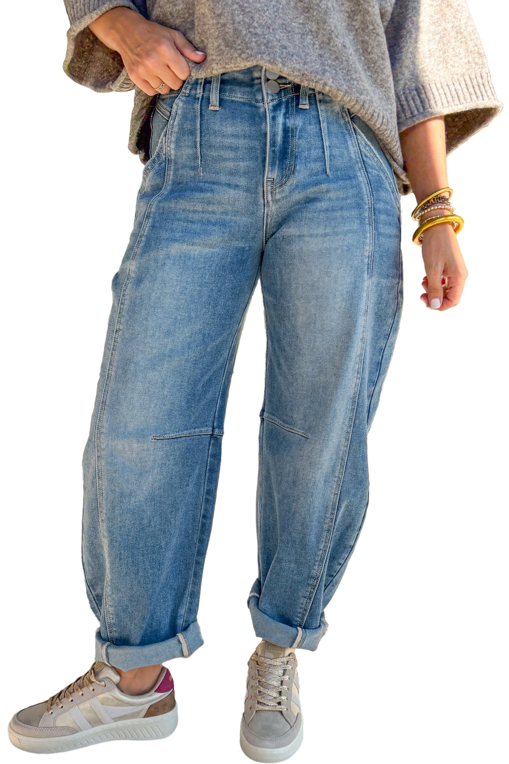 Women's Blue Medium Wash Cuffed Barrel Leg Jeans Mid-Rise Denim UK 4-16 at LivelyLooks