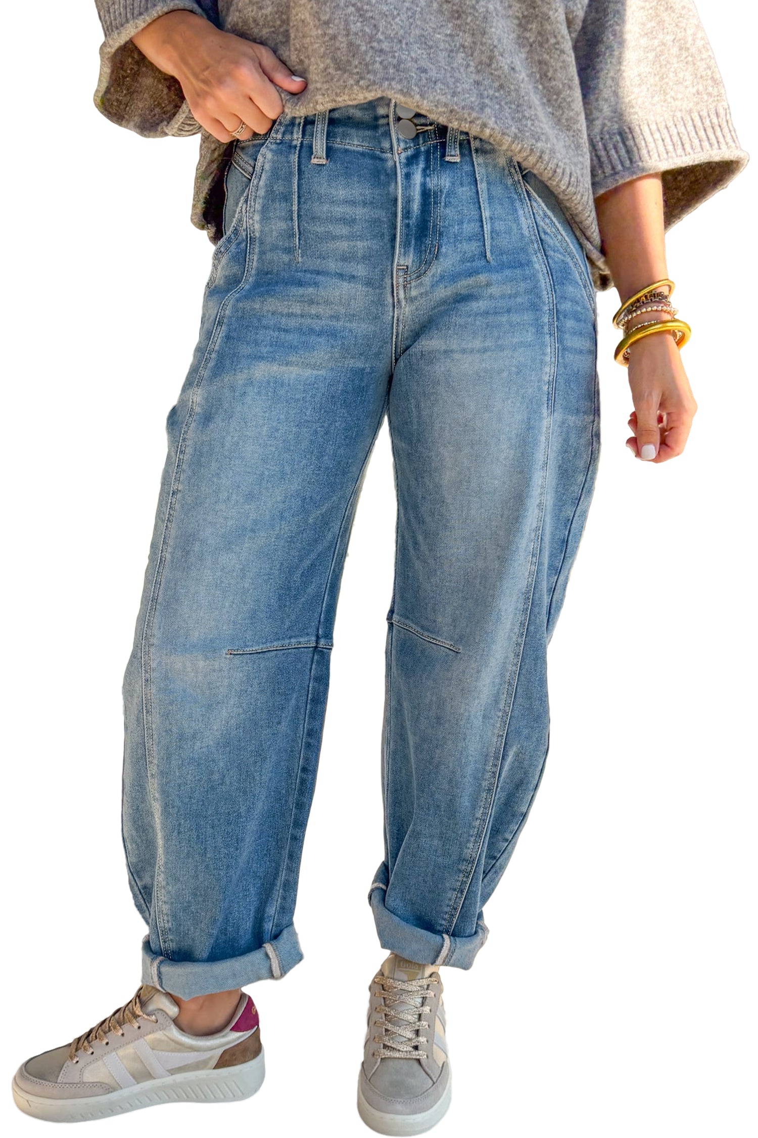 Women's Blue Medium Wash Cuffed Barrel Leg Jeans Mid-Rise Denim UK 4-16 at LivelyLooks