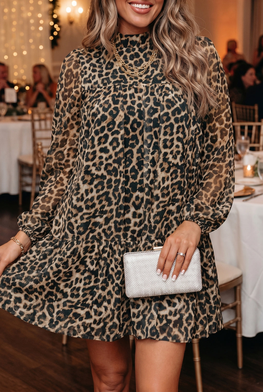 Brown Leopard Print Long Sleeve Short Shift Dress S-XL