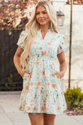 Beige Floral Shirred High Waist Puff Sleeve Mini Dress S-XL