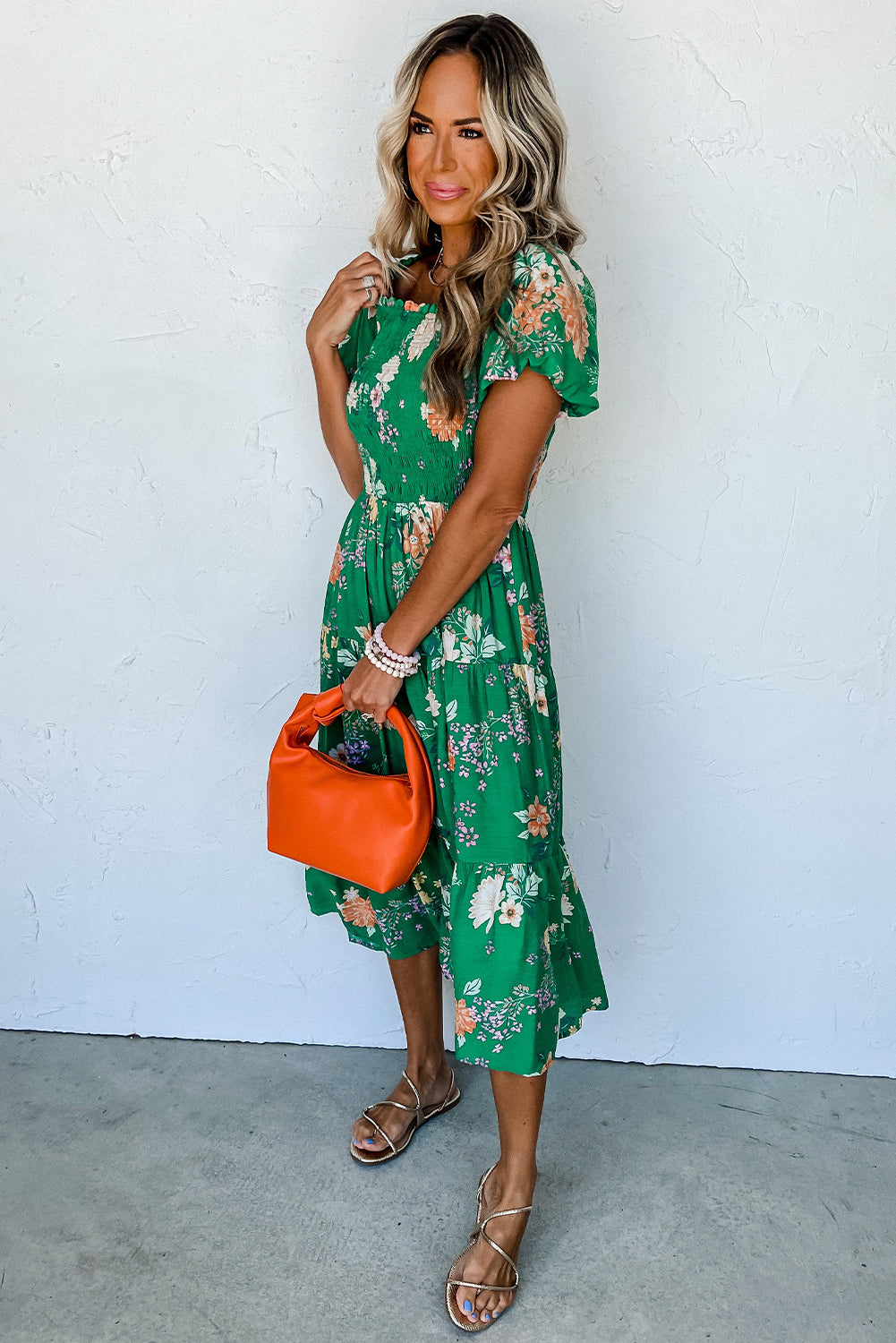 LivelyLooks Green Floral Bubble Sleeve Smocked Tiered Midi Dress women's fashion