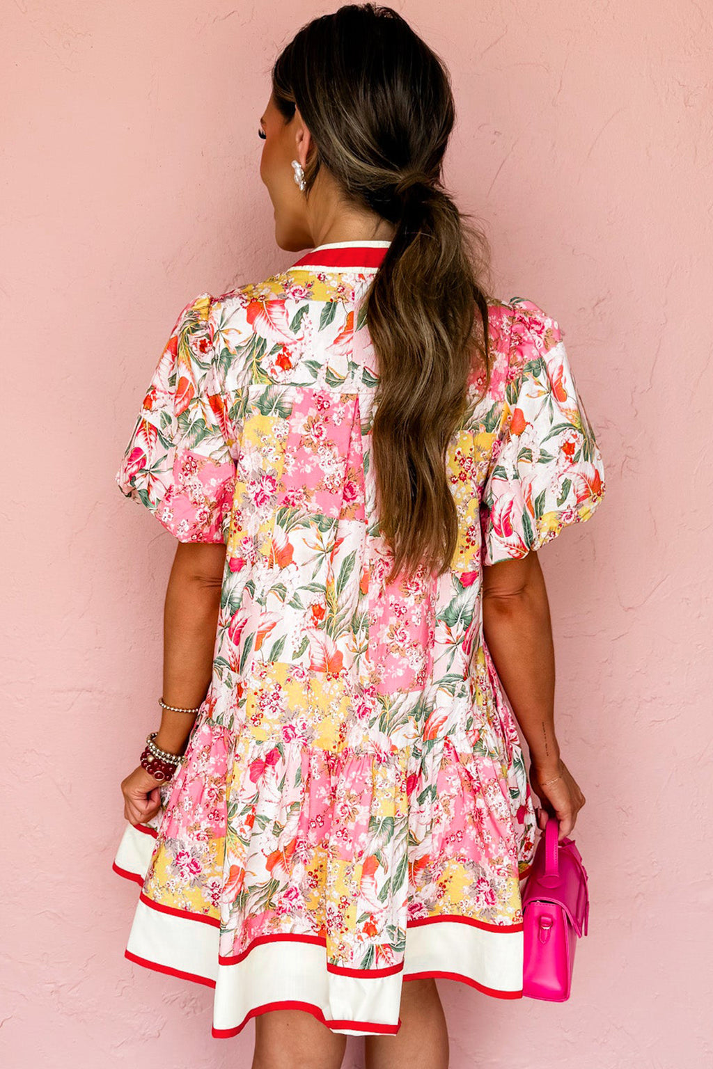 Pink Colour Block Floral Contrast Trim V Neck Ruffle Hem Mini Dress S-XL