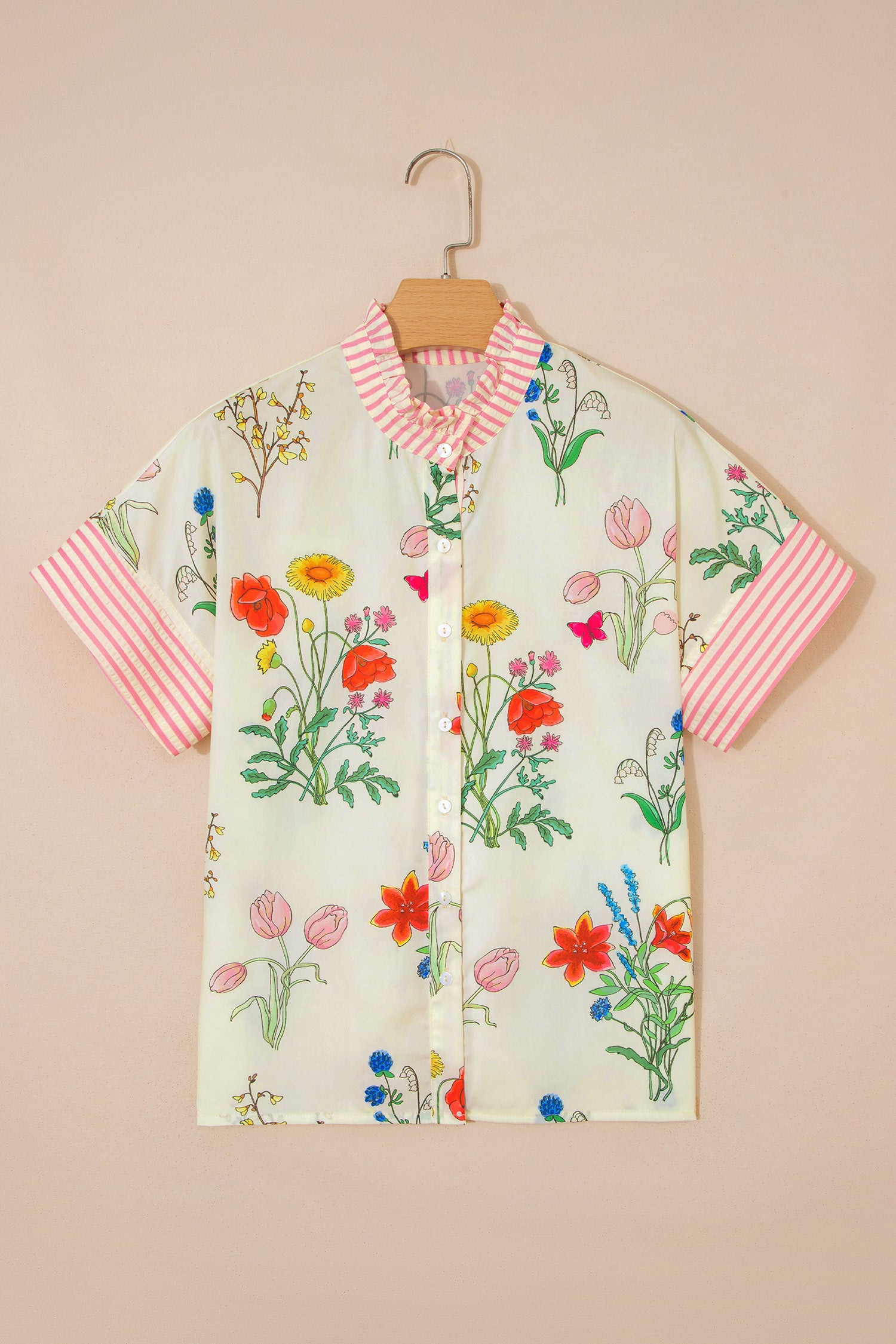 Floral Striped Ruffled Collar Shirt Short Sleeve Beige Sky Blue UK 8-22
