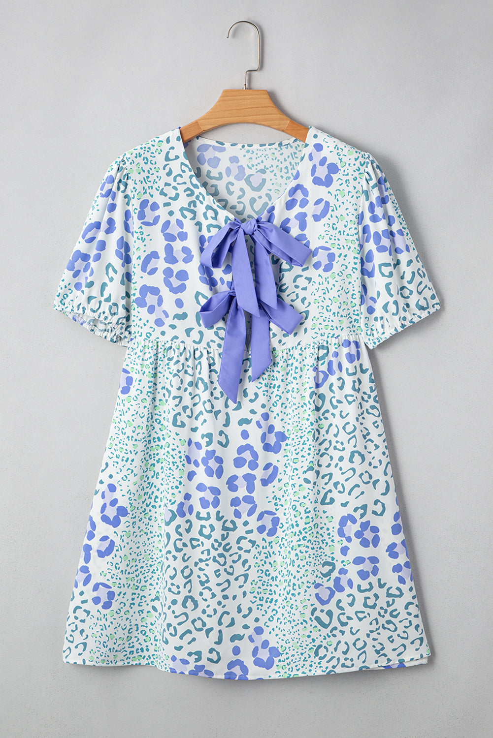 Women's Sky Blue Leopard Contrast Bow Puff Sleeve Mini Dress at LivelyLooks