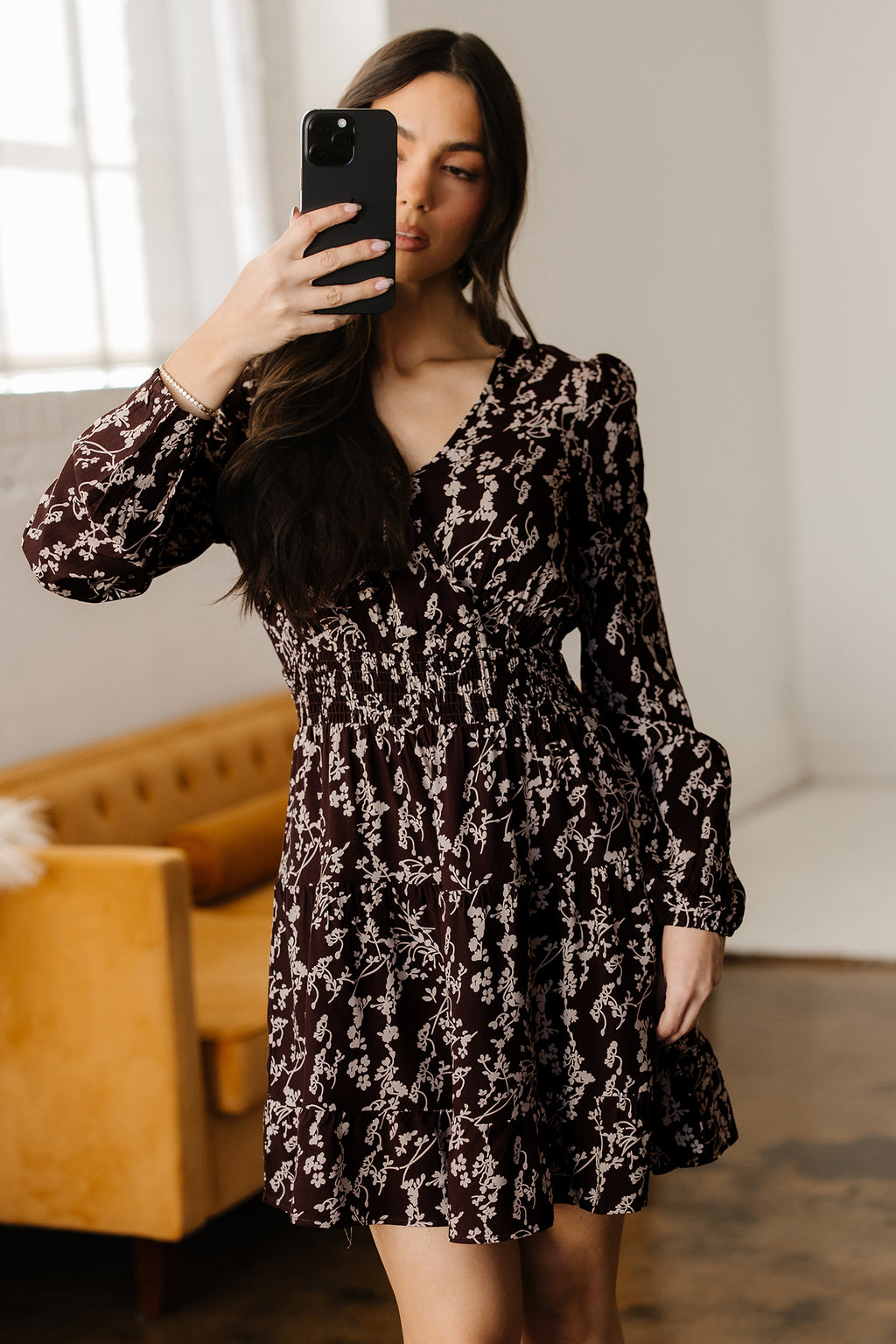 Brown Ditsy Floral Mini Dress Split Neck Long Sleeve Shirred Waist Flared Women S-XL