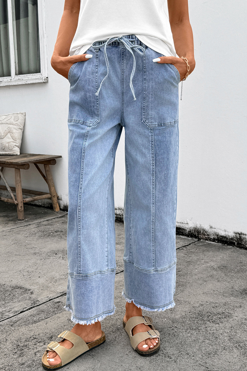 Shop Drawstring Seam Detail Raw Hem Wide Leg Denim Jeans UK 8-22 at LivelyLooks
