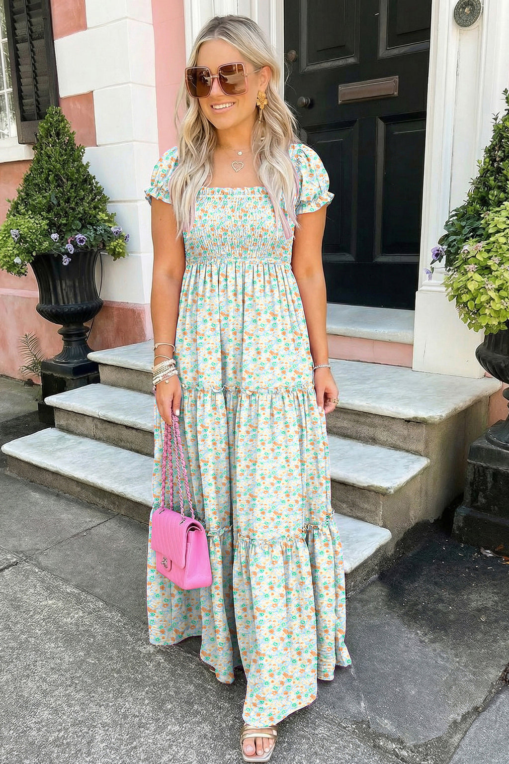 Women's Floral Maxi Dress Bubble Sleeve Shirred High Waist | Pink & Green at LivelyLooks