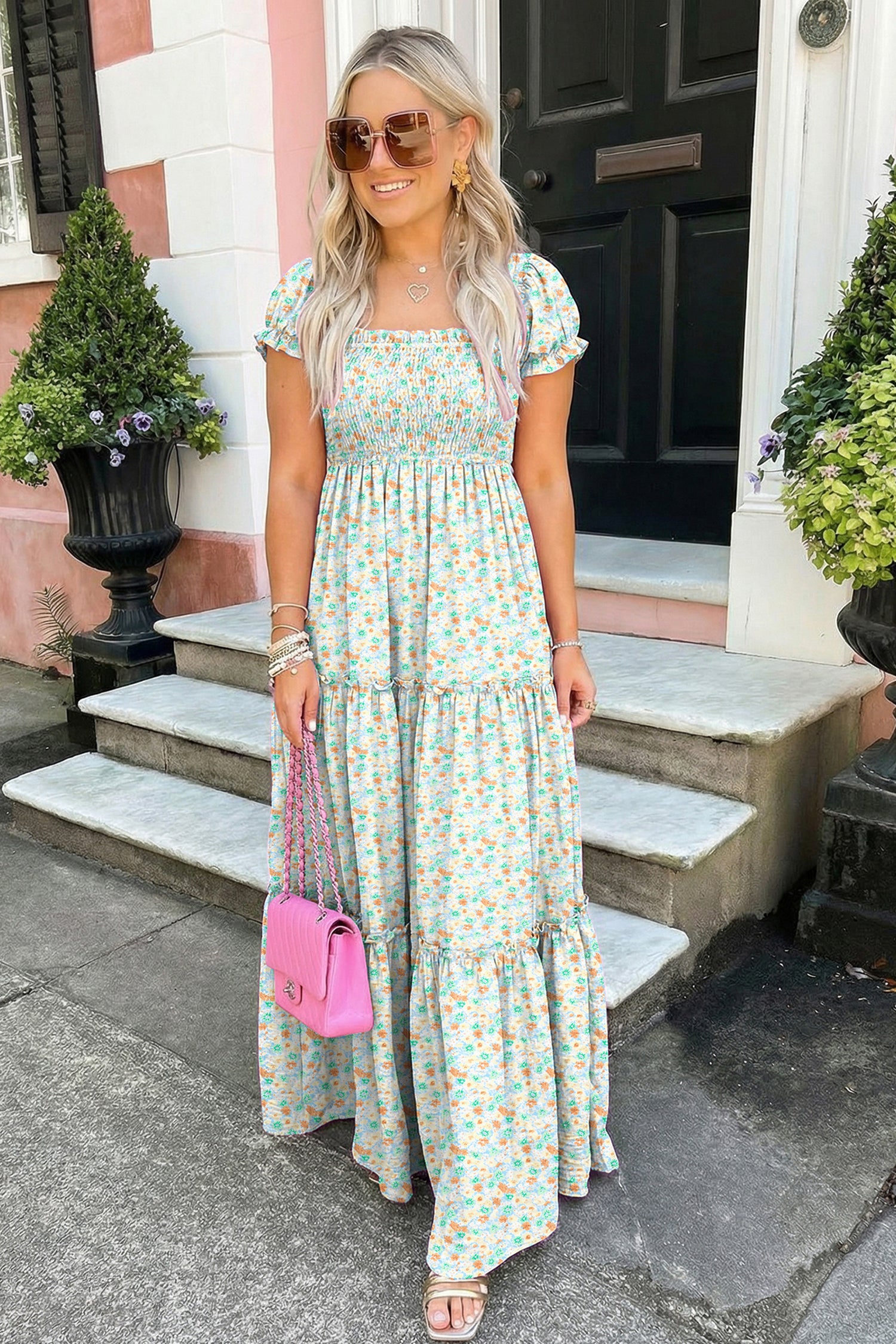 Women's Floral Maxi Dress Bubble Sleeve Shirred High Waist | Pink & Green at LivelyLooks