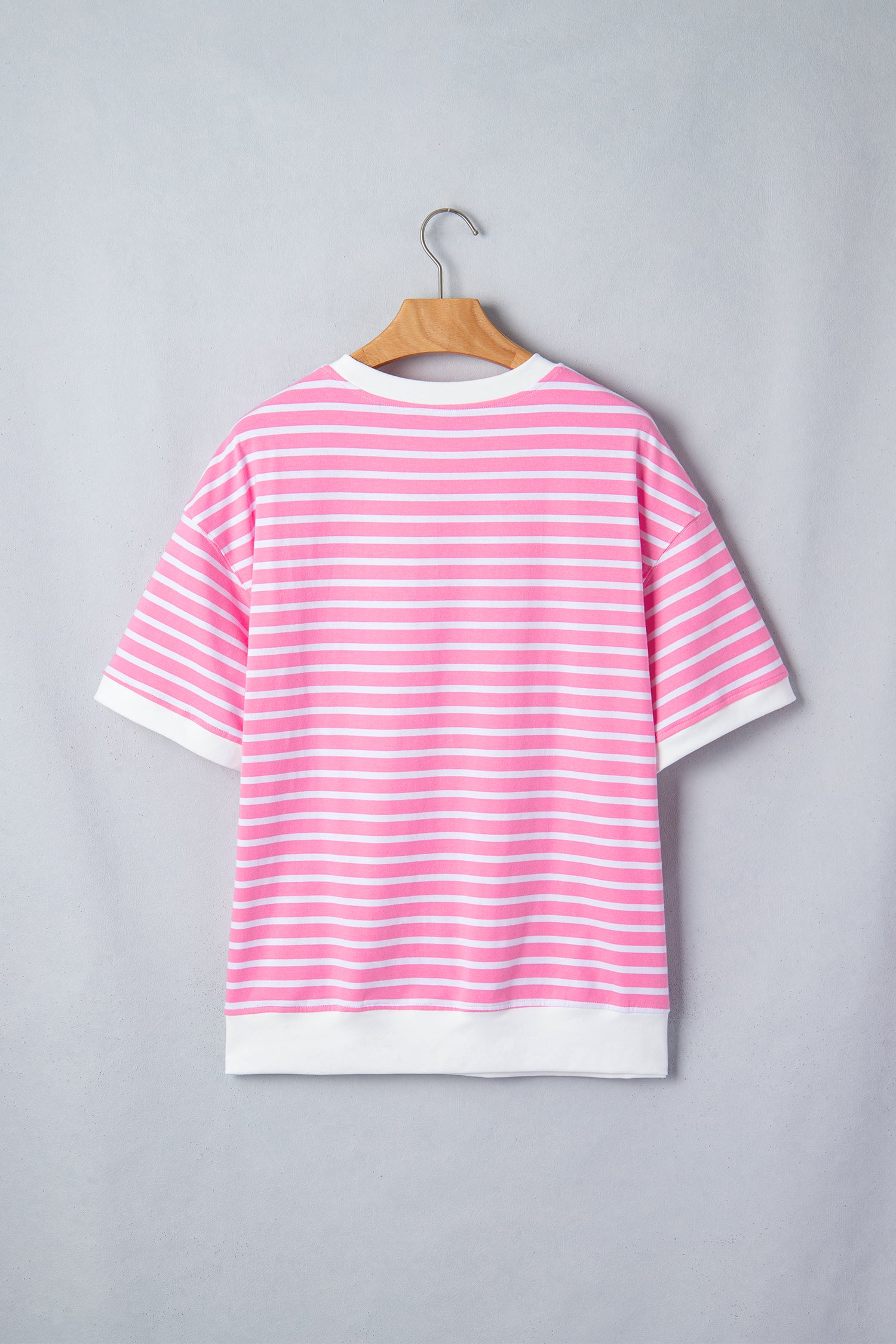 Pink Stripe Drop Shoulder Loose Round Neck Top