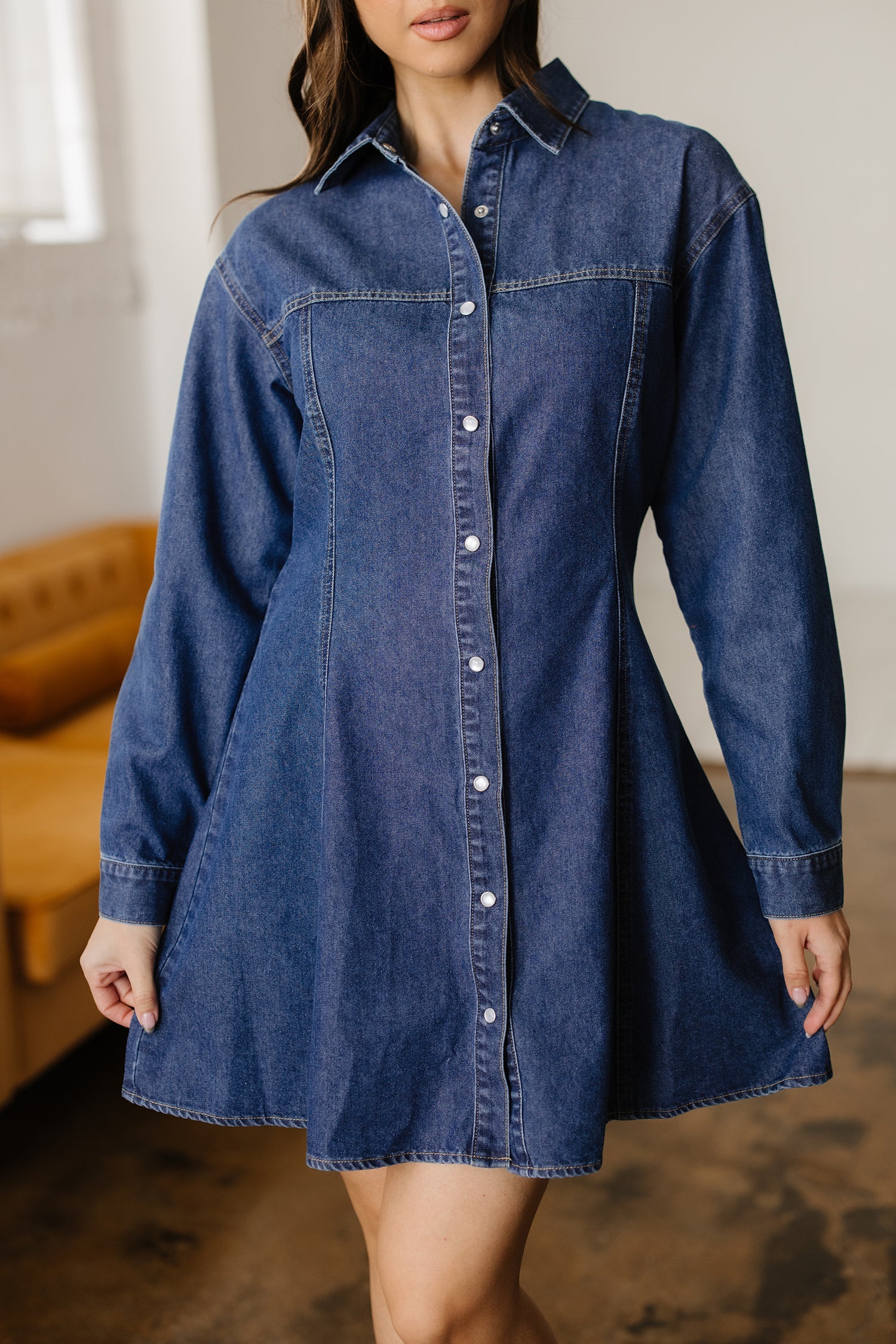 Blue Denim Shirt Collar Long Sleeve Flared Mini Dress | UK 8-22