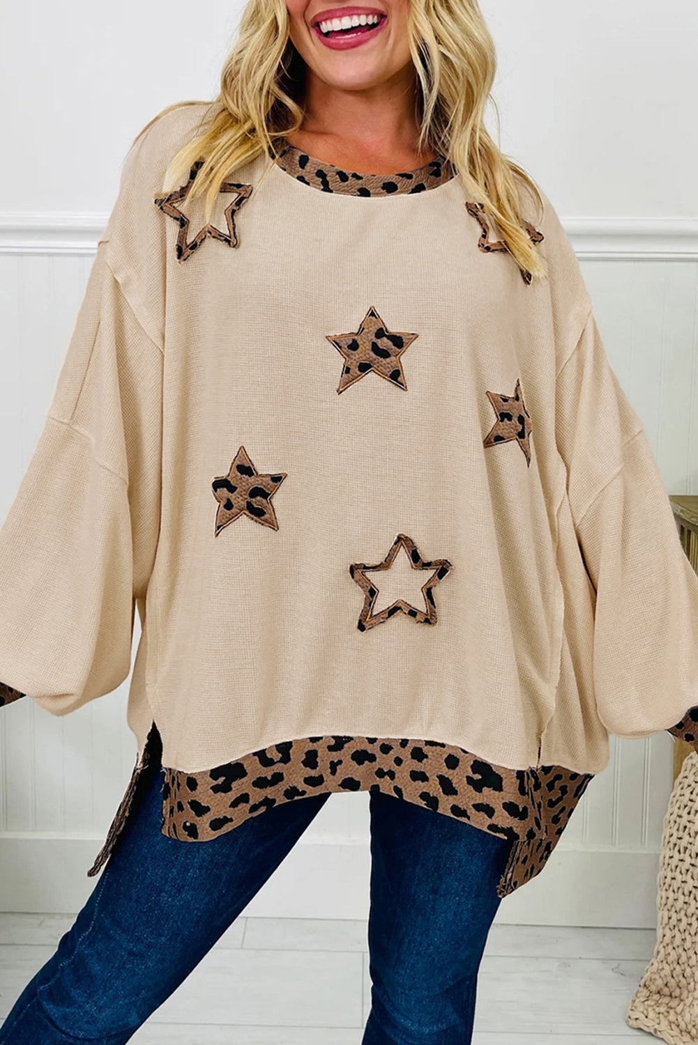 LivelyLooks Leopard Star Patchwork Baggy Sweatshirt Beige | Sizes S-XL women's fashion