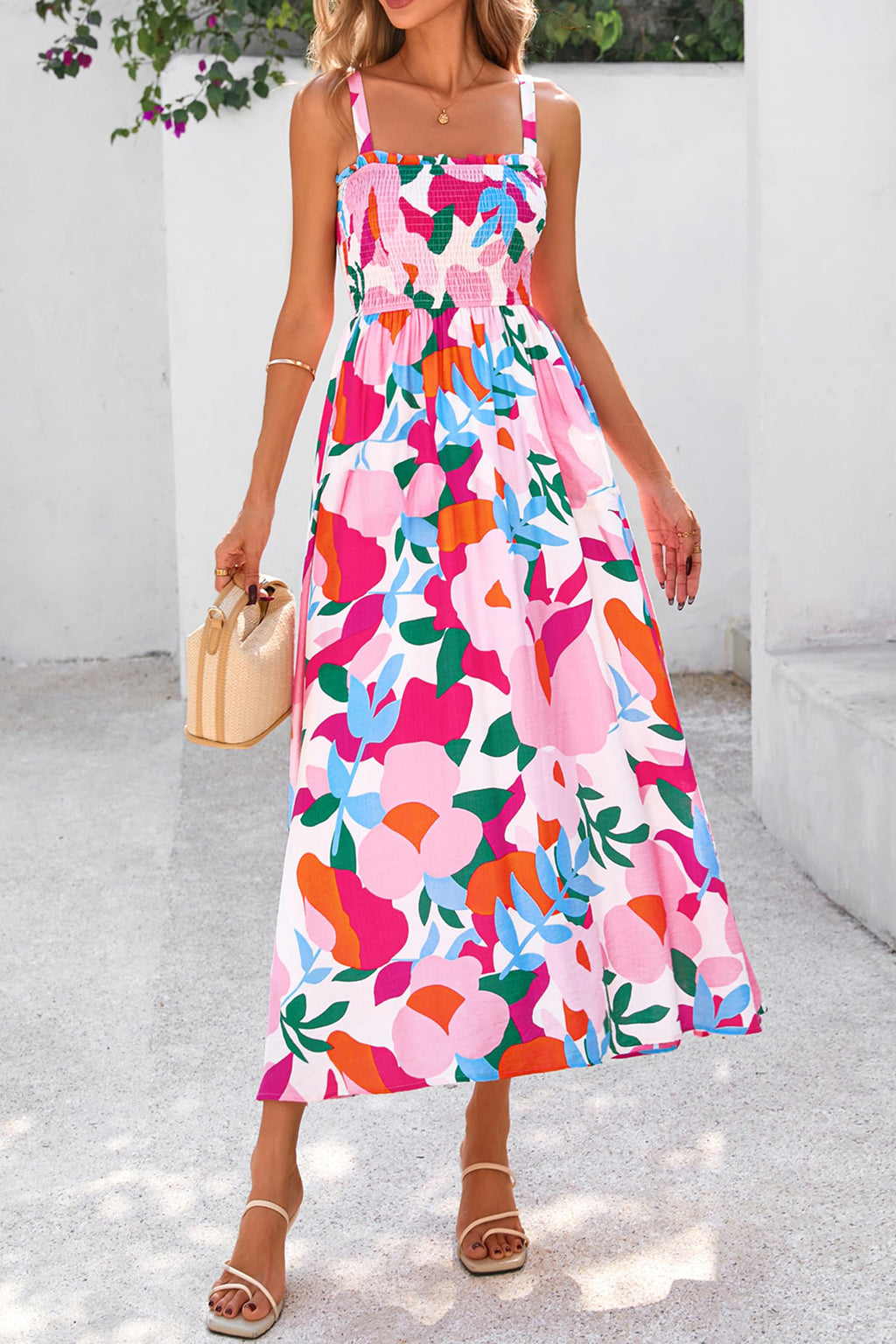 Women's Pink Floral Smocked High Waist Midi Sundress | Sizes S-XL at LivelyLooks