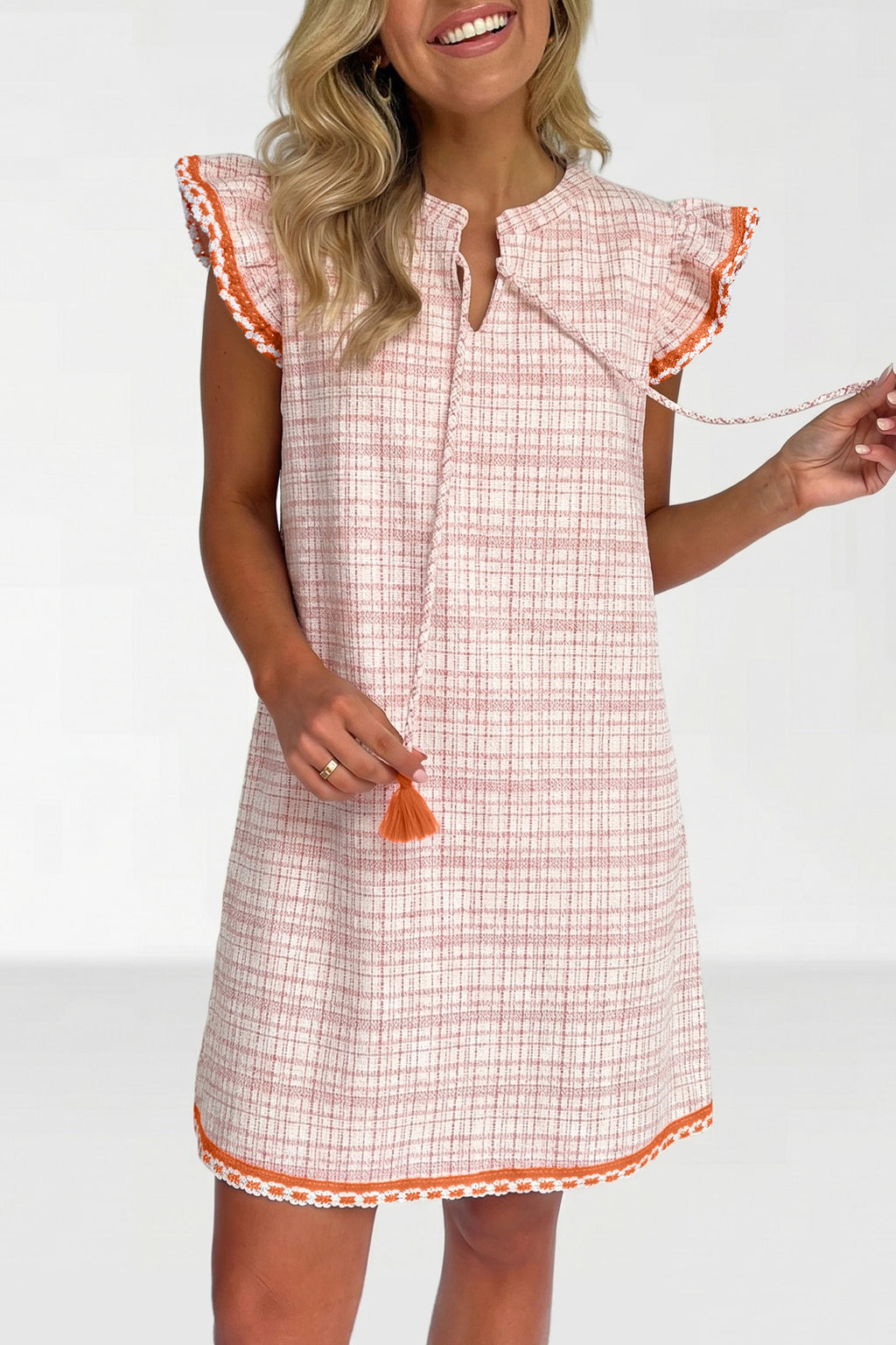 White Jacquard Textured Contrast Trim Tassel Tie Short Sleeve Shift Dress S-XL