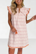 White Jacquard Textured Contrast Trim Tassel Tie Short Sleeve Shift Dress S-XL
