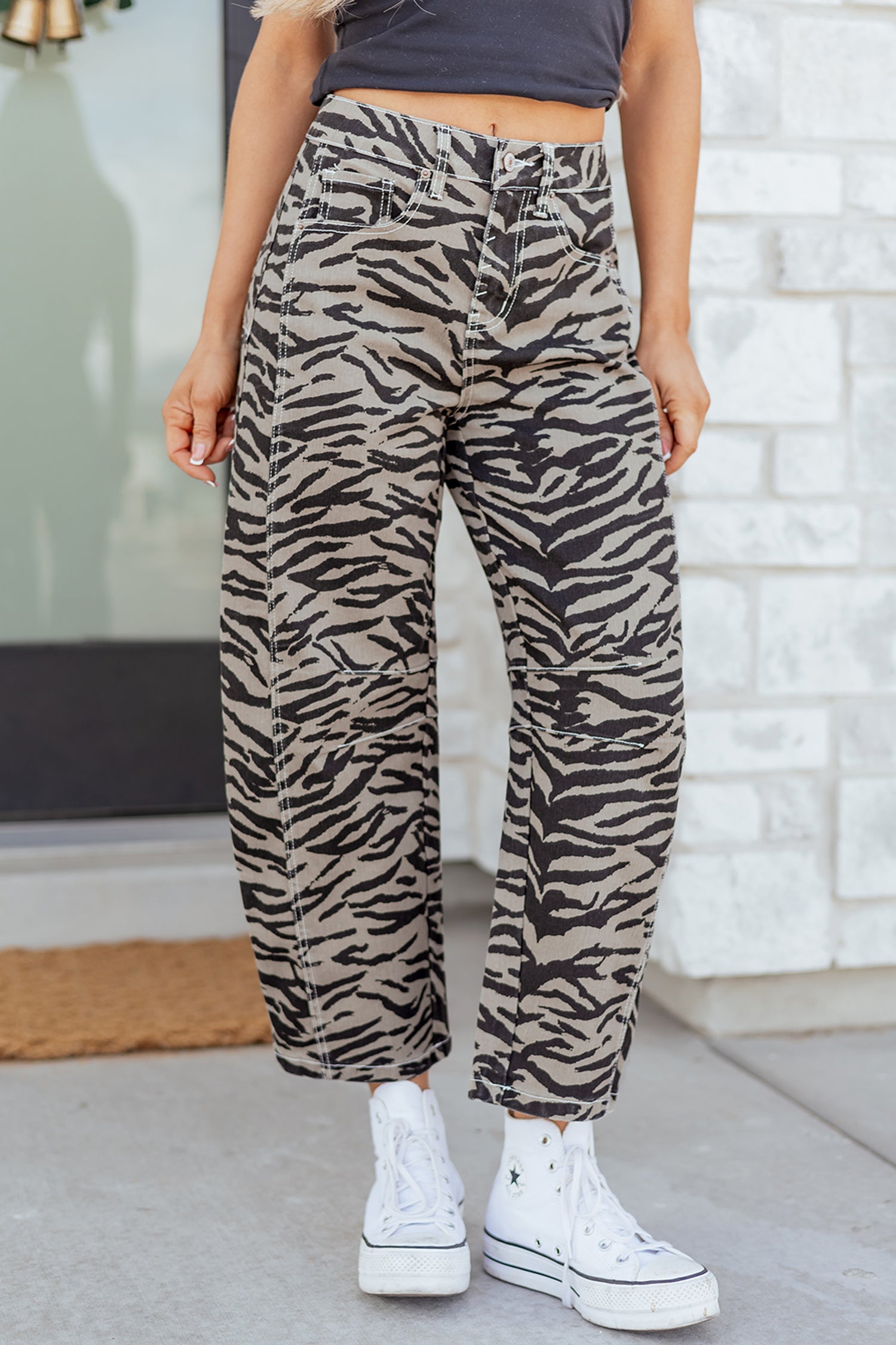 Women's Grey Zebra Print Barrel Leg Jeans Mid-Rise Wide Leg UK 4-16 at LivelyLooks