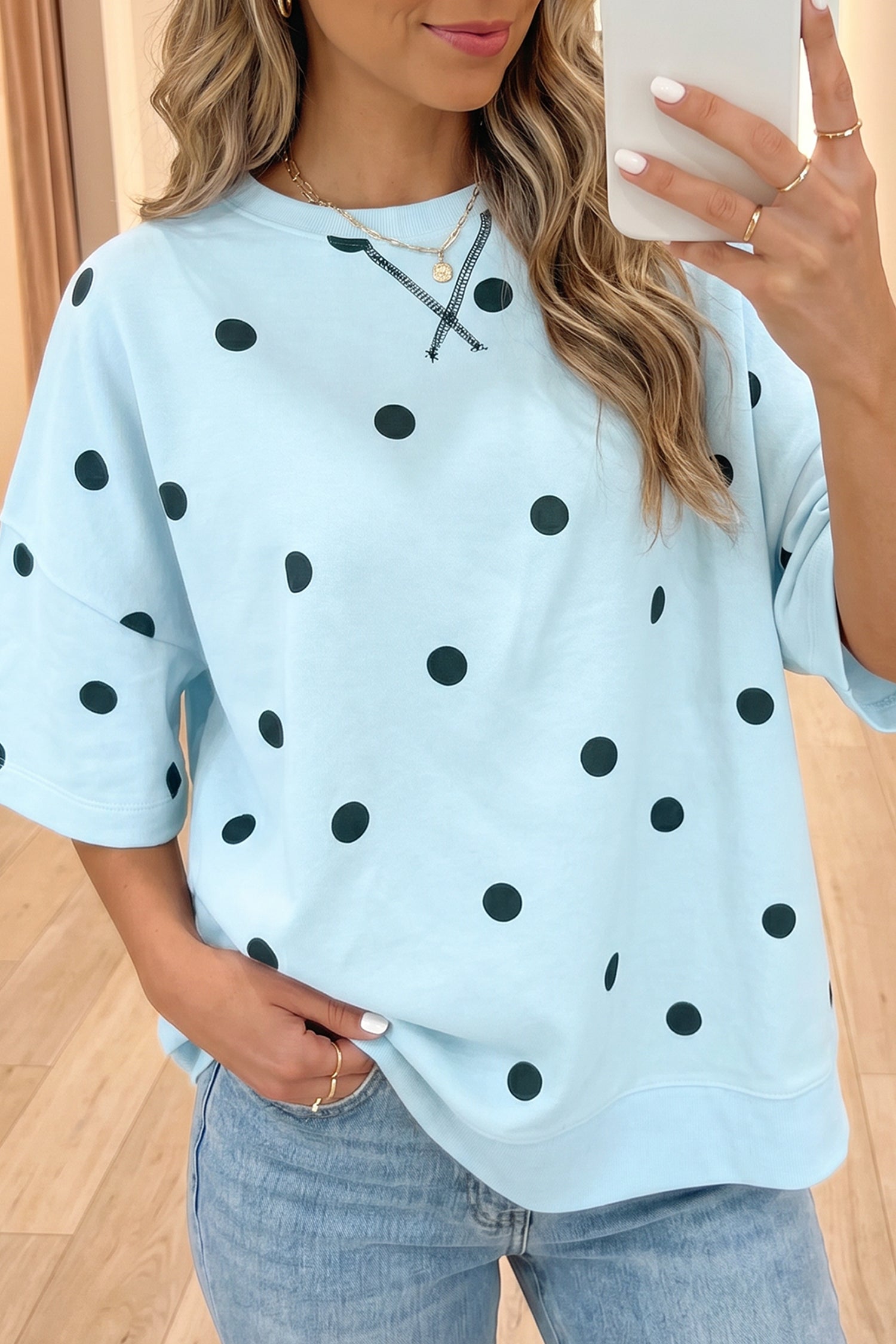 Women's Polka Dot Oversized Tee Crossed Seam Detail Yellow Sky Blue S-XL