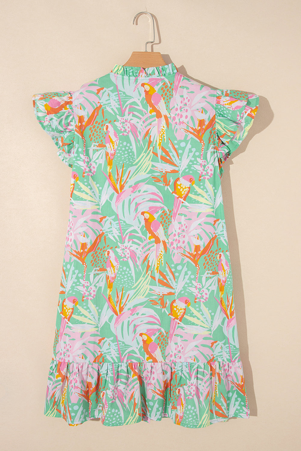 LivelyLooks Floral Ruffle Trim Flutter Sleeve V-Neck Mini Dress Green Pink S-XL women's fashion