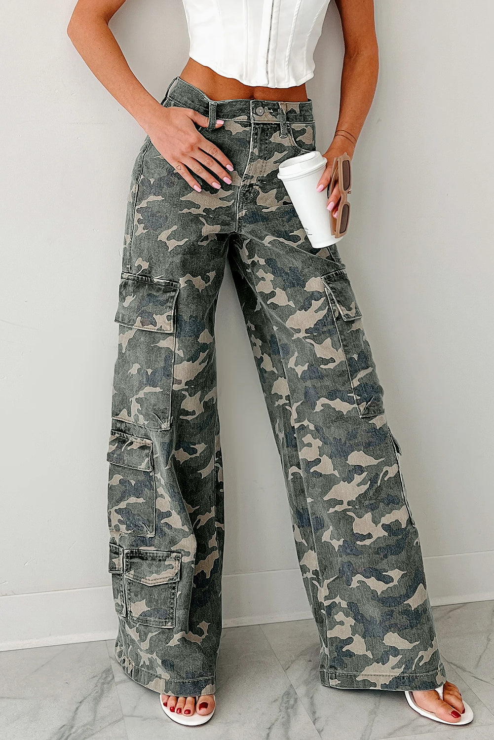 Green Camo Cargo Wide Leg Denim Pants