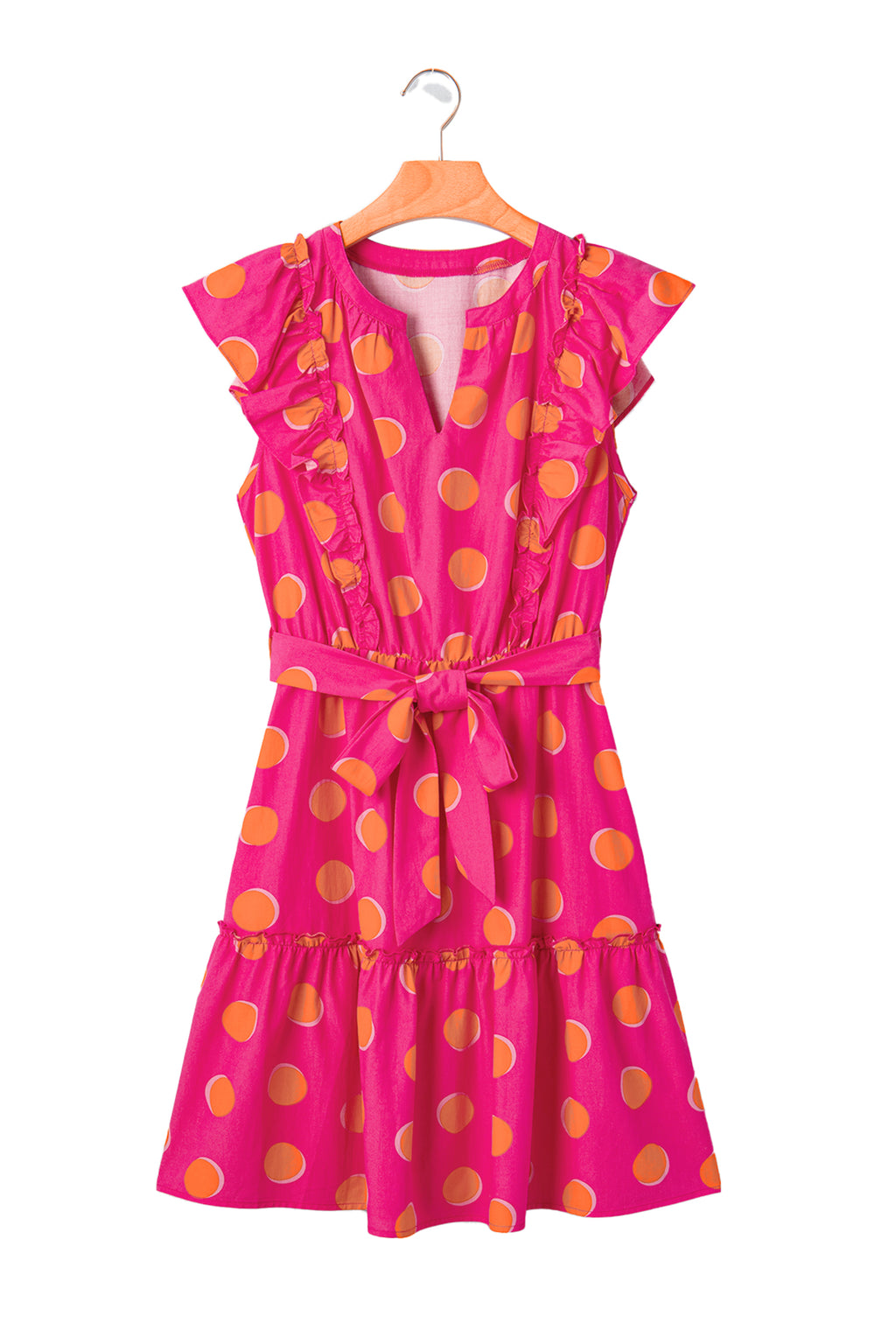 Rose Polka Dot V-Neck Ruffle Short Sleeve Knot Waist Mini Dress
