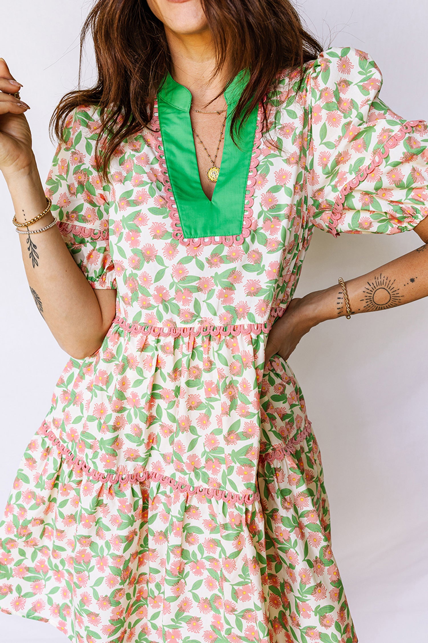 Women's Green Floral Ricrac Trim Babydoll Mini Dress Puff Sleeve V-Neck S-XL at LivelyLooks
