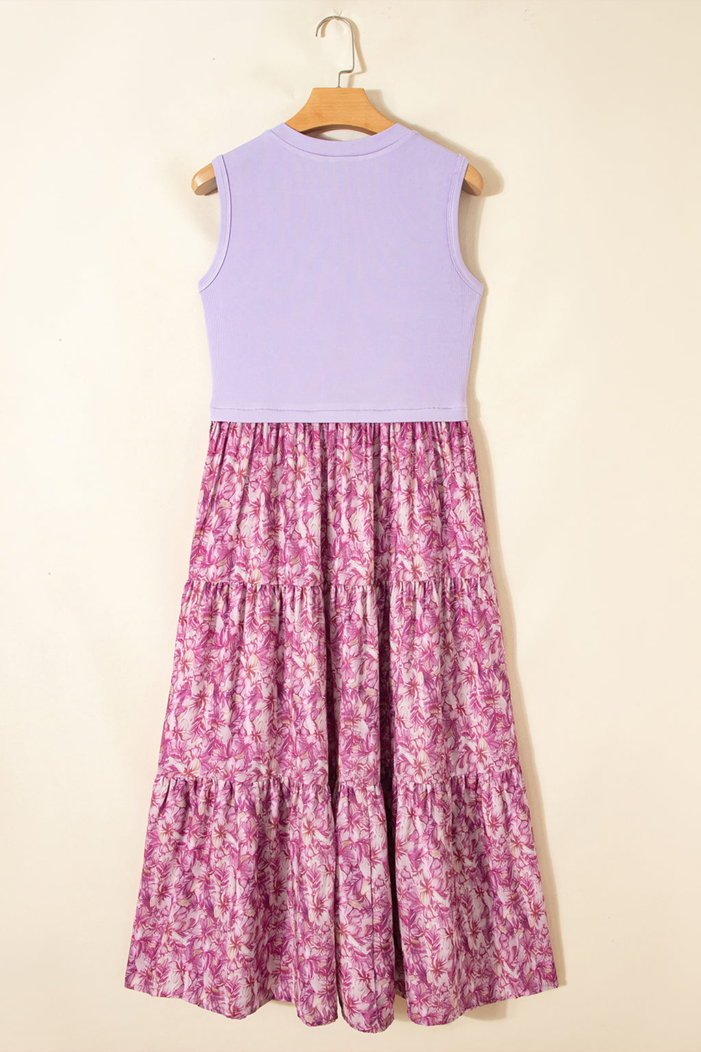 Purple Ribbed V Neck Tank Floral Contrast Patchwork Long Dress S-XL
