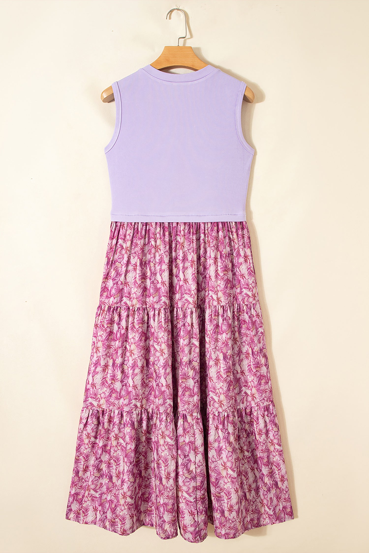 Purple Ribbed V Neck Tank Floral Contrast Patchwork Long Dress S-XL