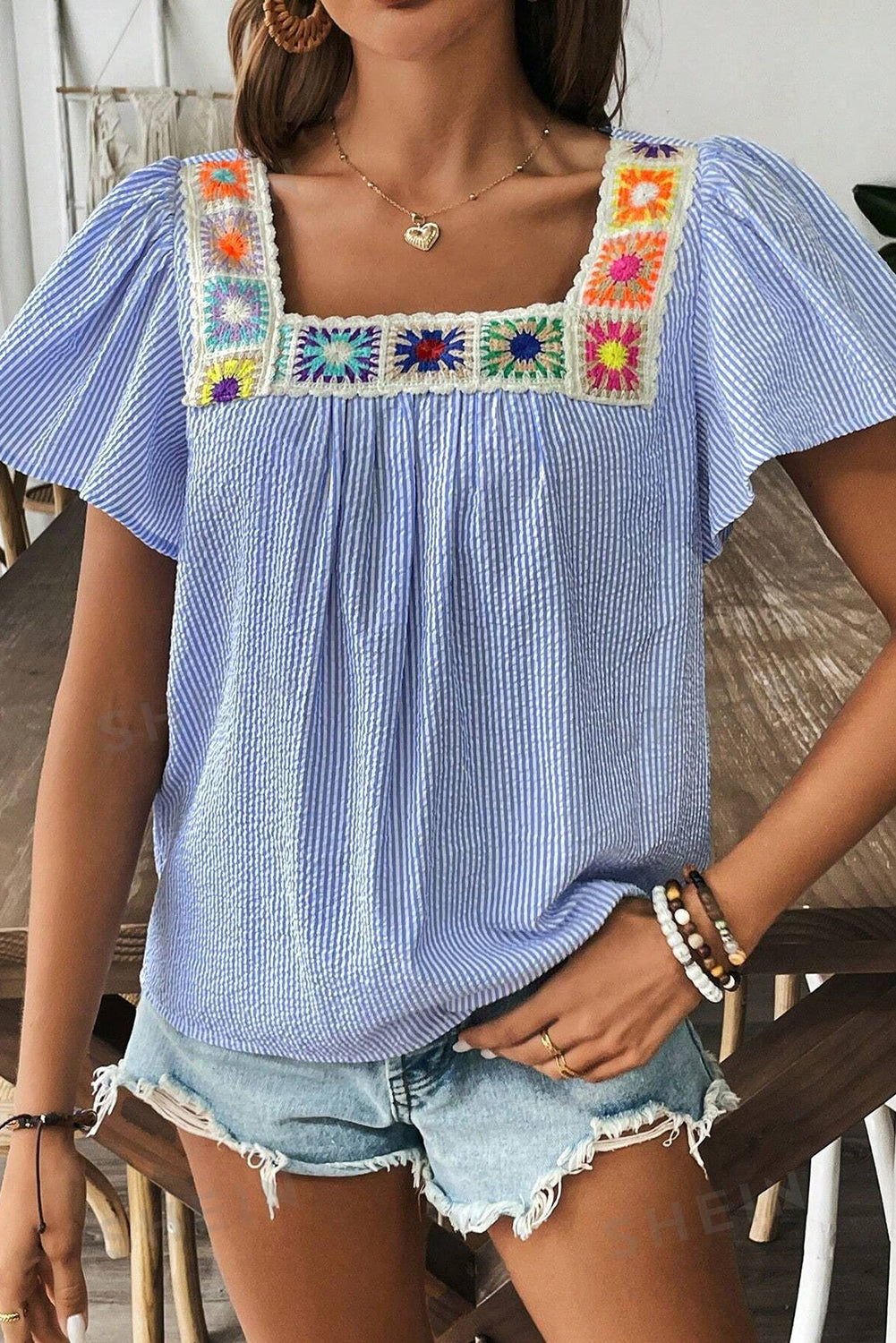 Sky Blue Stripe Ruffle Square Neck Boho Blouse