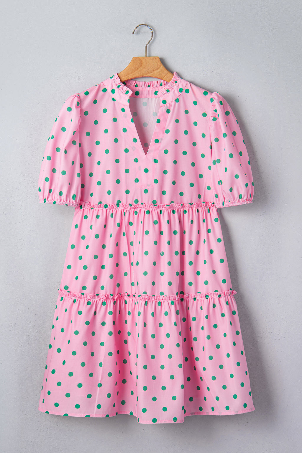 Pink Polka Dot Print V Neck Short Sleeve Tiered Mini Dress | UK 8–22