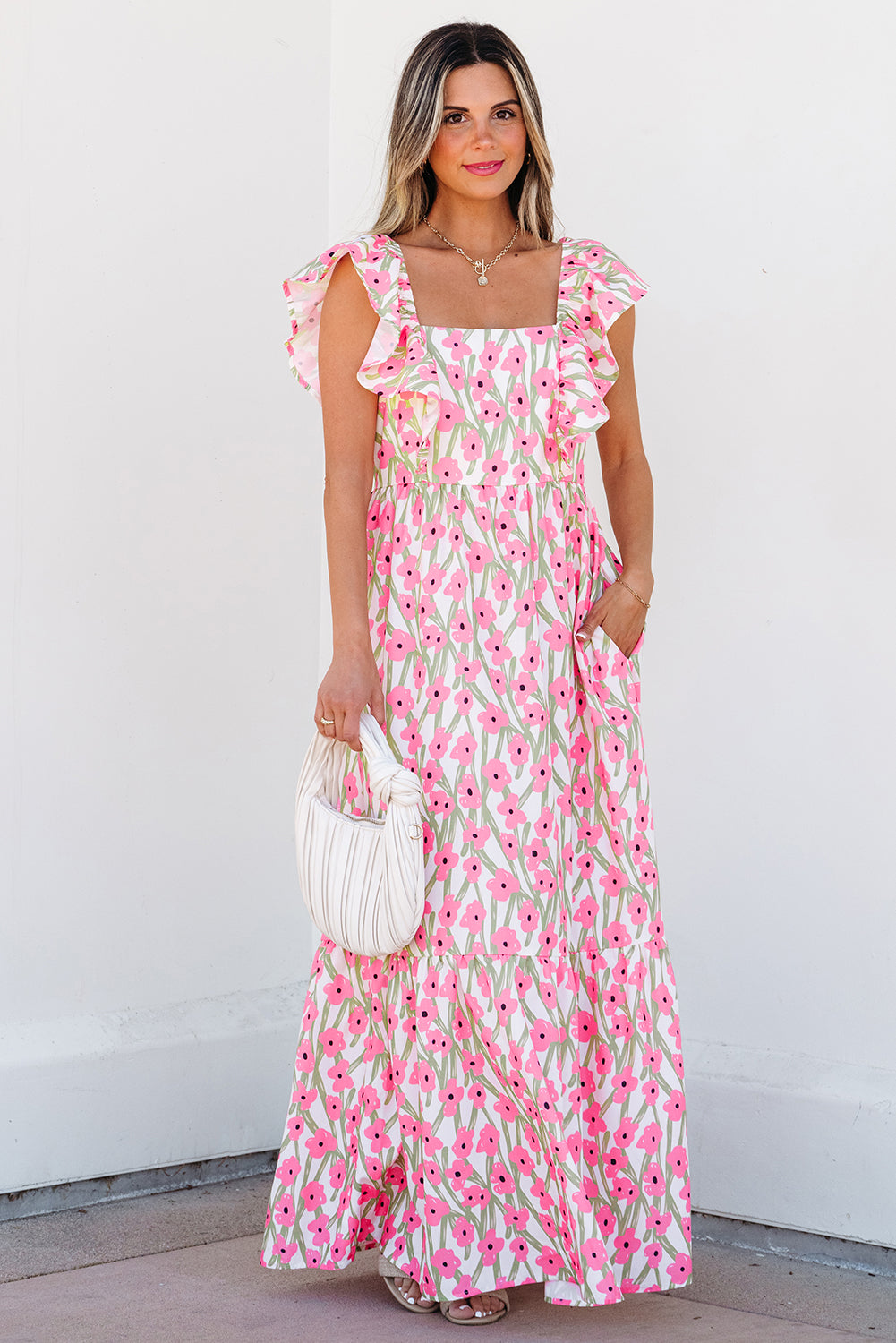 LivelyLooks Pink Floral Print Square Neck Ruffled Strap Maxi Dress Summer Boho Casual Sundress women's fashion