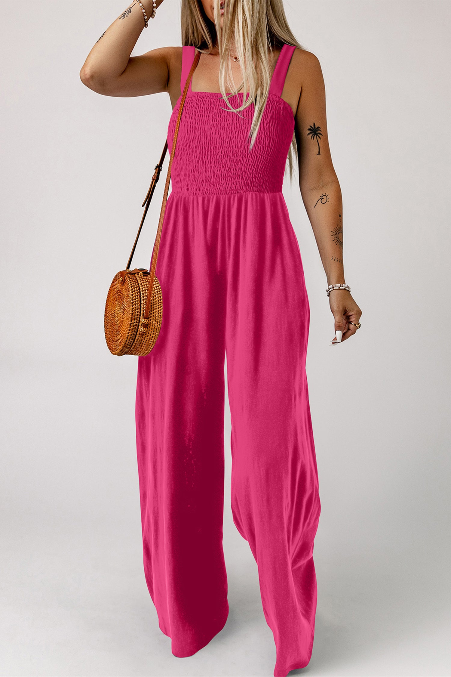 Women's Rose Red Smocked Square Neck Sleeveless Jumpsuit with Pockets at LivelyLooks