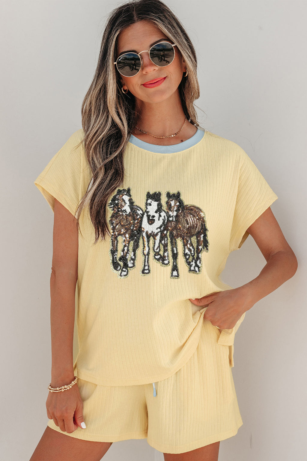 Yellow Ribbed Knit Sequin Horse Patch Short Set | Sizes 8-26