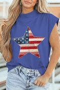 Women's Sky Blue Faux Patchwork Patriotic Star Printed High Neck Top at LivelyLooks