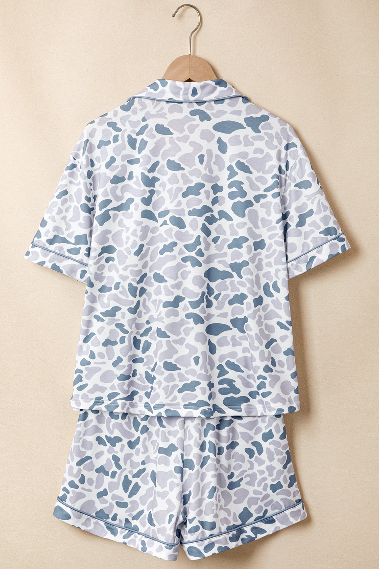Camo & Polka Dot Lapel Shirt Drawstring Shorts Pyjama Set