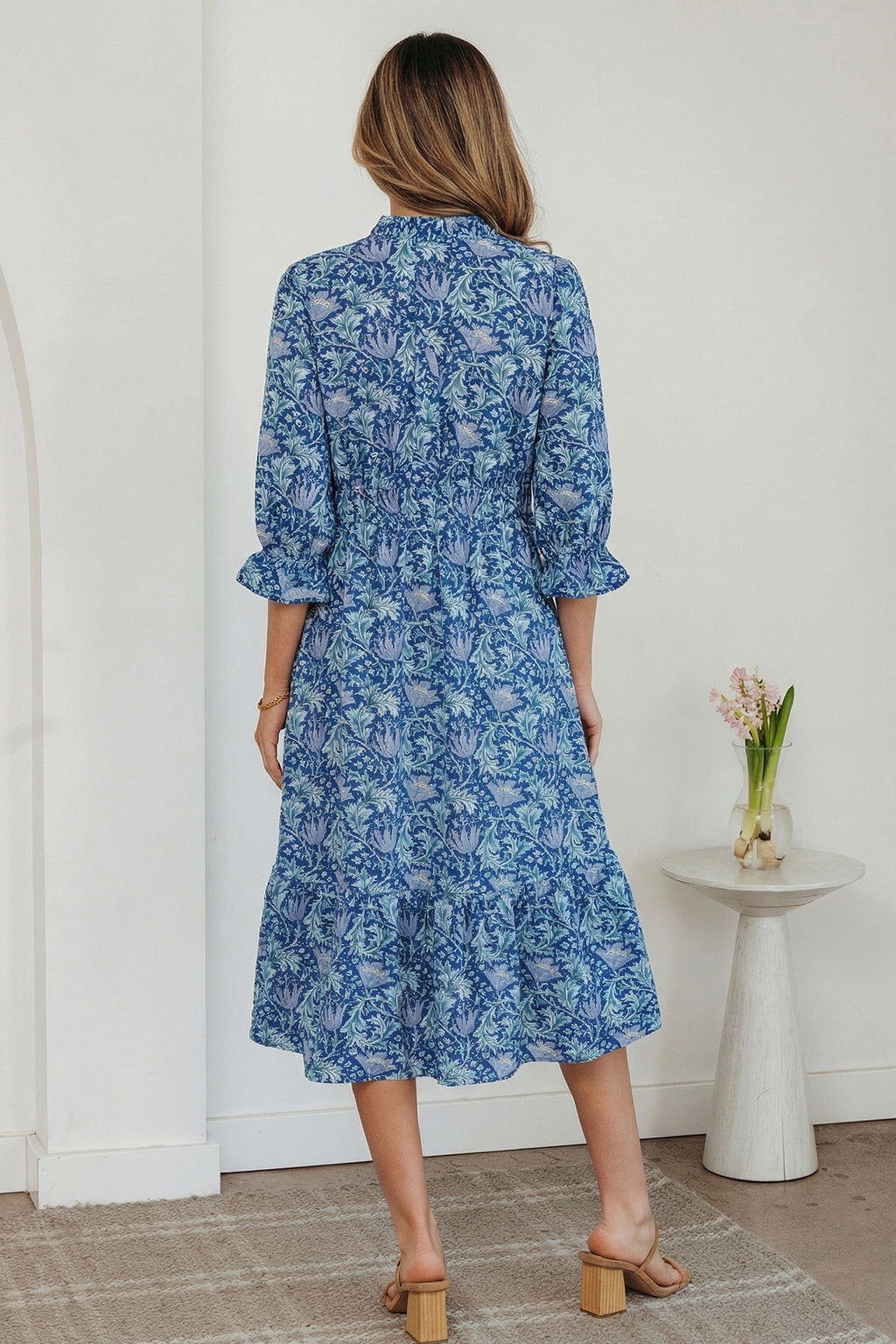 Floral Frilled V Neck Long Dress Bracelet Sleeve Brown Sky Blue Women S-XL