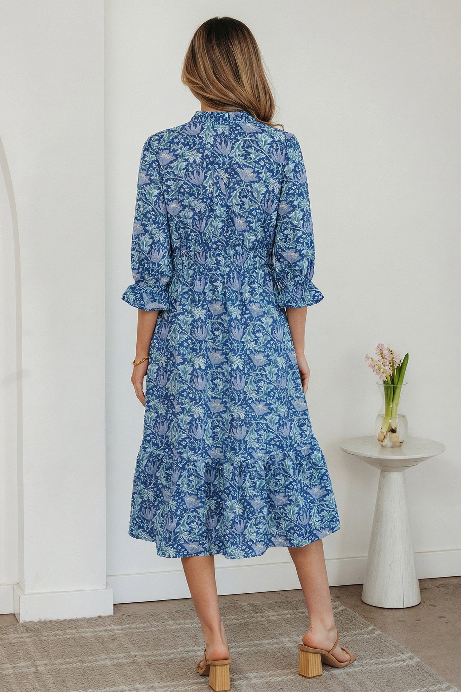 Floral Frilled V Neck Long Dress Bracelet Sleeve Brown Sky Blue Women S-XL