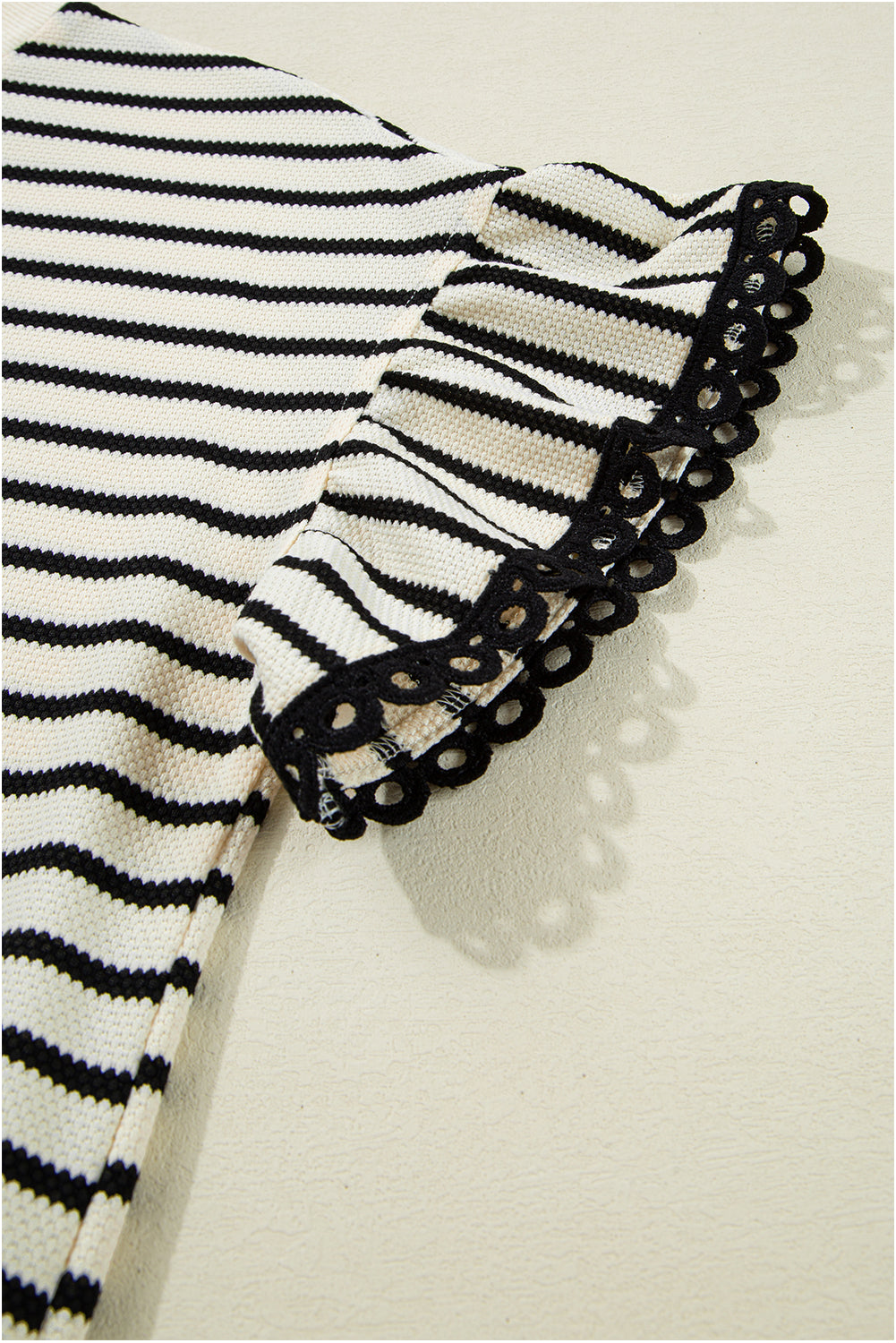 Black Stripe Ruffle Sleeve Crewneck Top | Lace Trim | S-XL