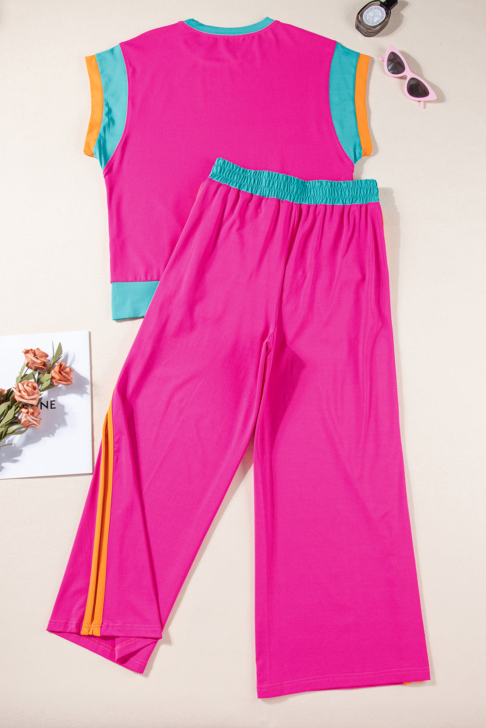 Colour Block Cap Sleeve Tee & Crop Wide Leg Trousers Set | 8 Colours