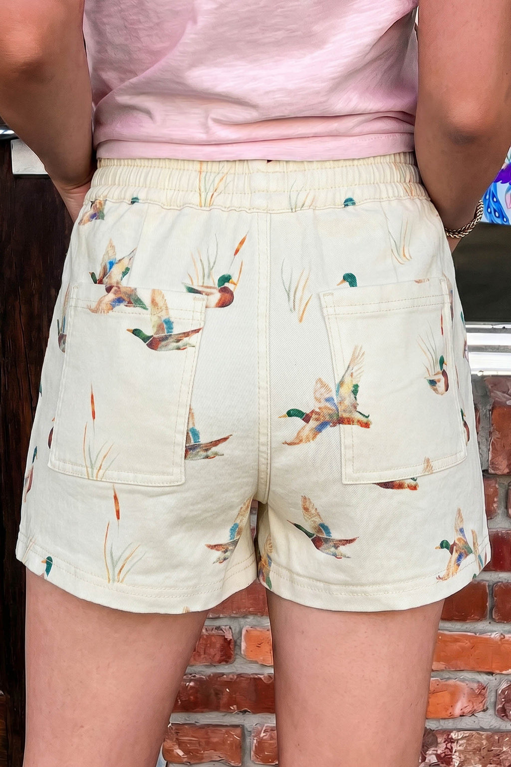 Beige Mallard Print Drawstring Denim Shorts UK 4-16