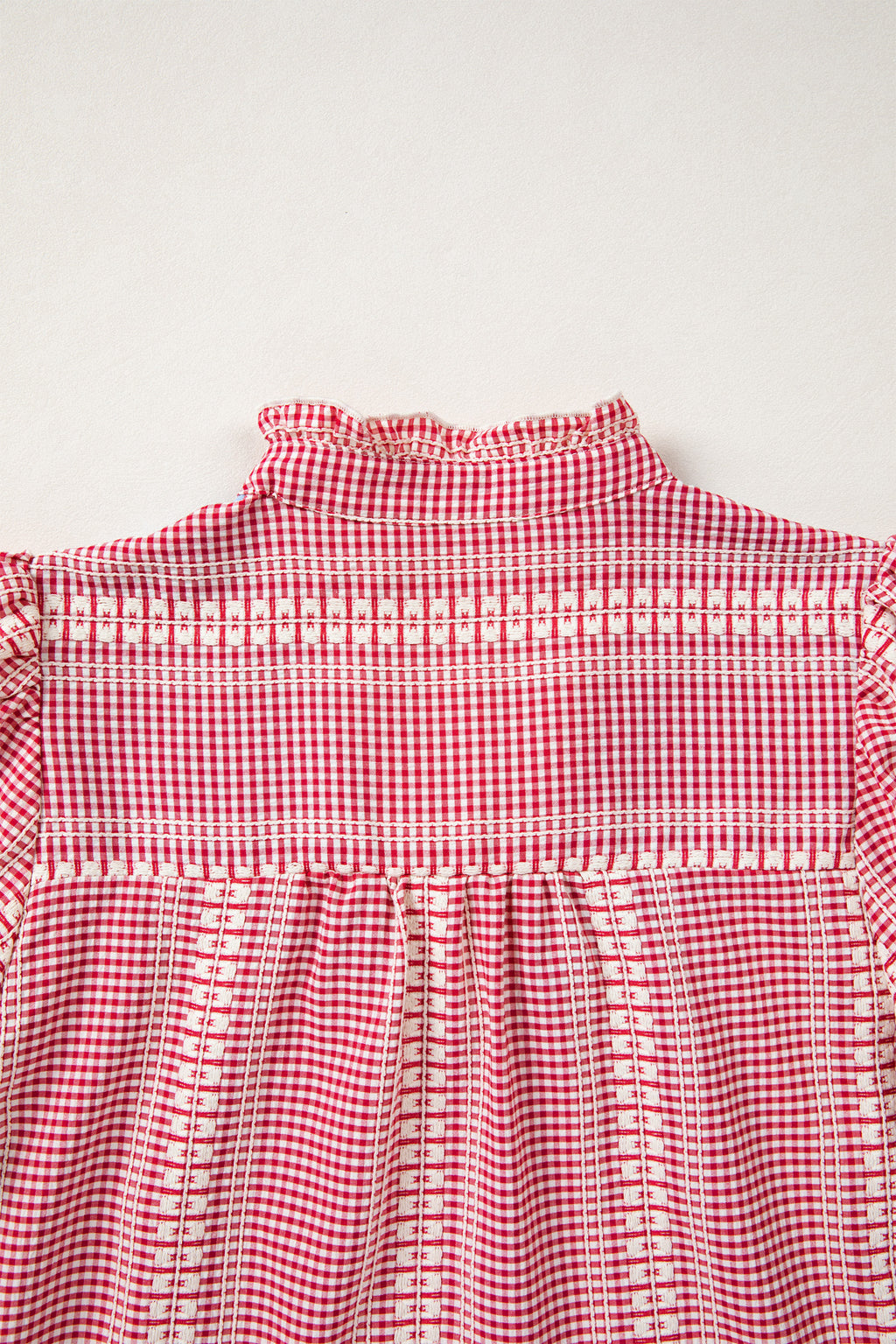 Red Brown Western Gingham Blouse Pony Embroidered Puff Sleeve S-XL