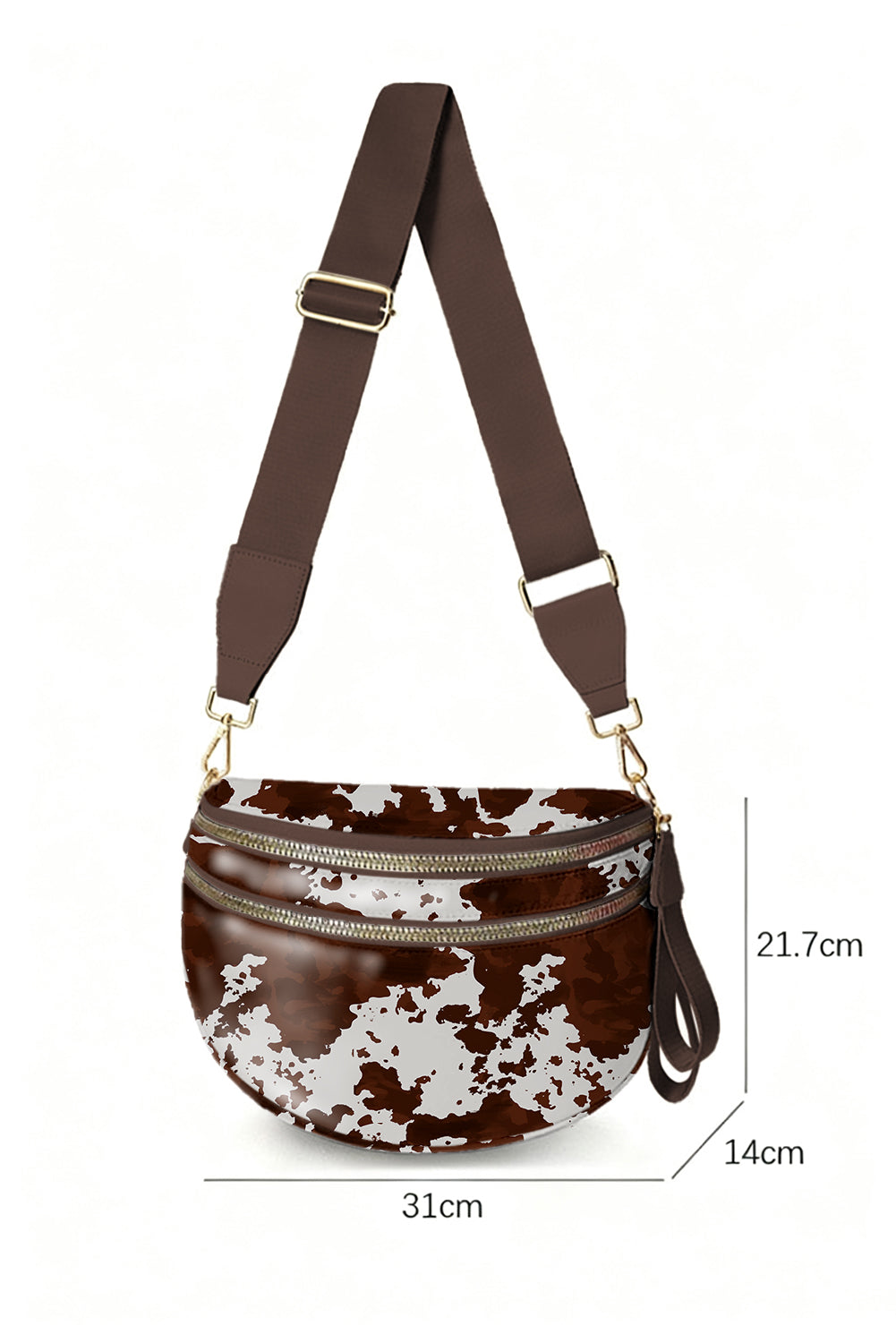 Women's Cow Print Double Zip Crescent Crossbody Bag at LivelyLooks