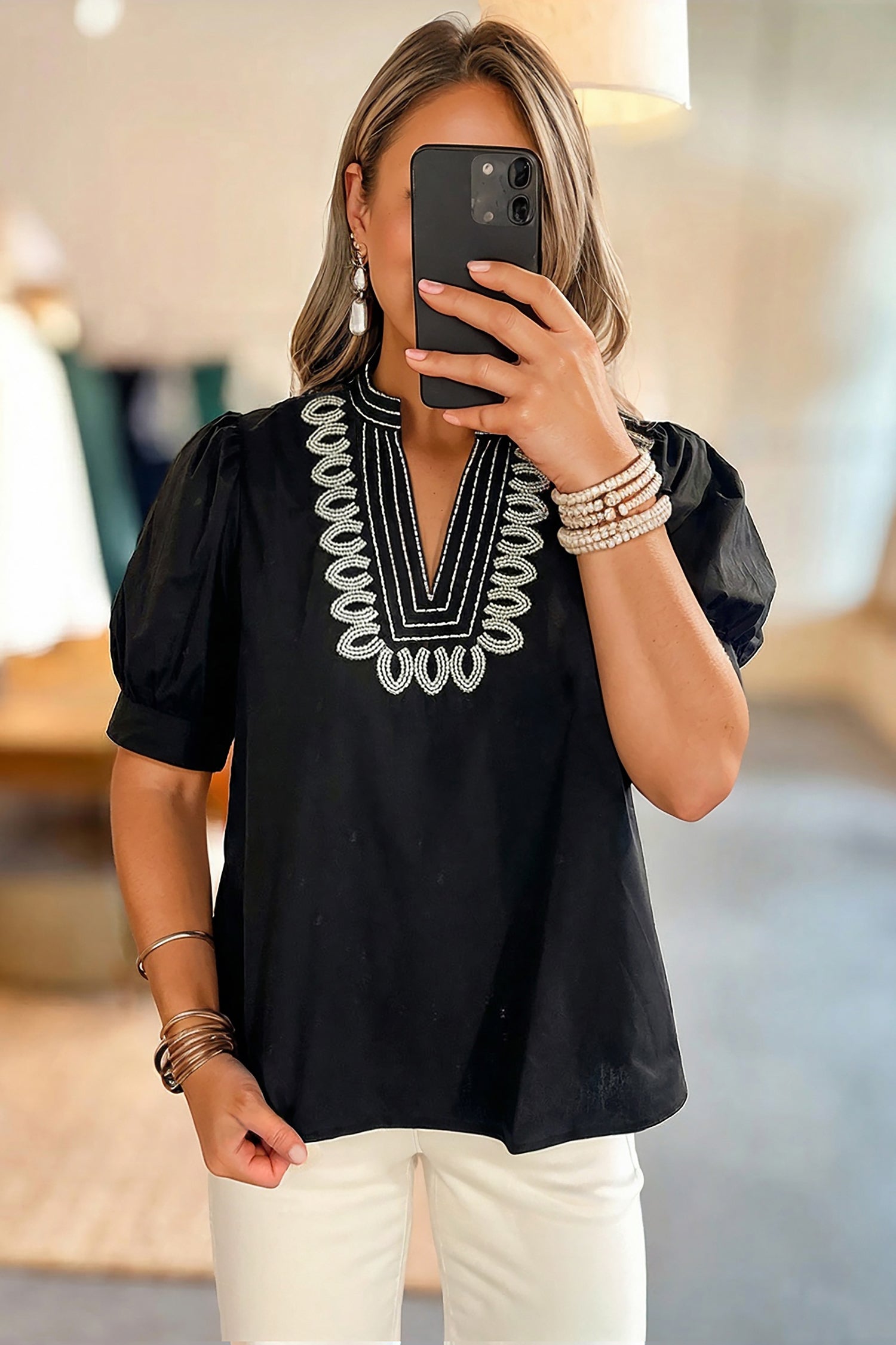 Shop Black Embroidered V Neck Puff Sleeve Blouse Women's Top at LivelyLooks